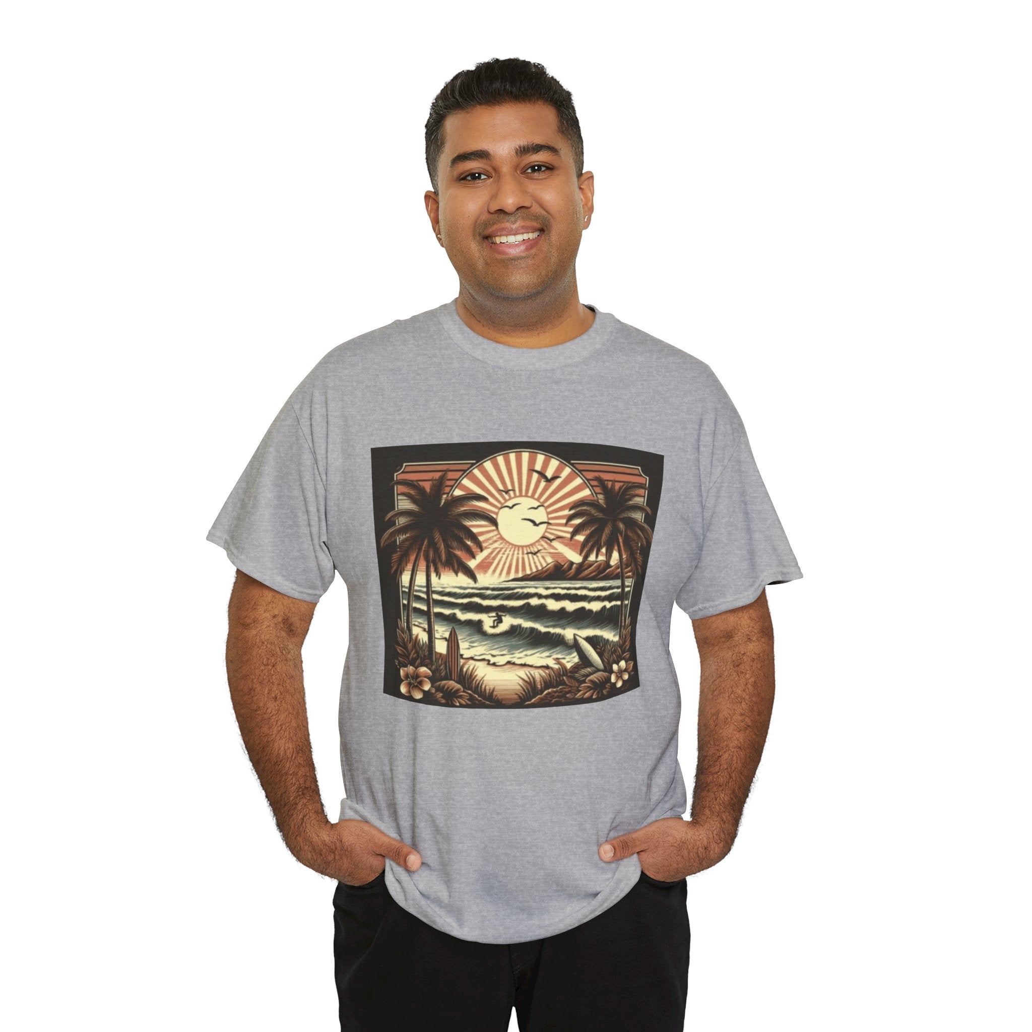 Retro Tropical Beach T-Shirt — Vintage Palm Sunset Graphic Tee