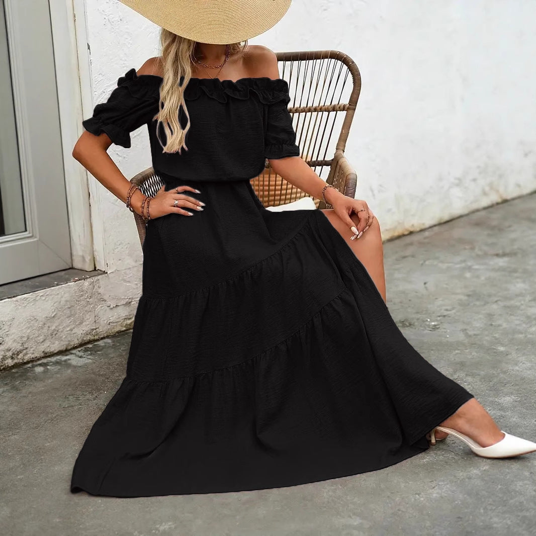 Womens Solid-Color Off-the-Shoulder Ruffle-Waist Side-Slit Dress