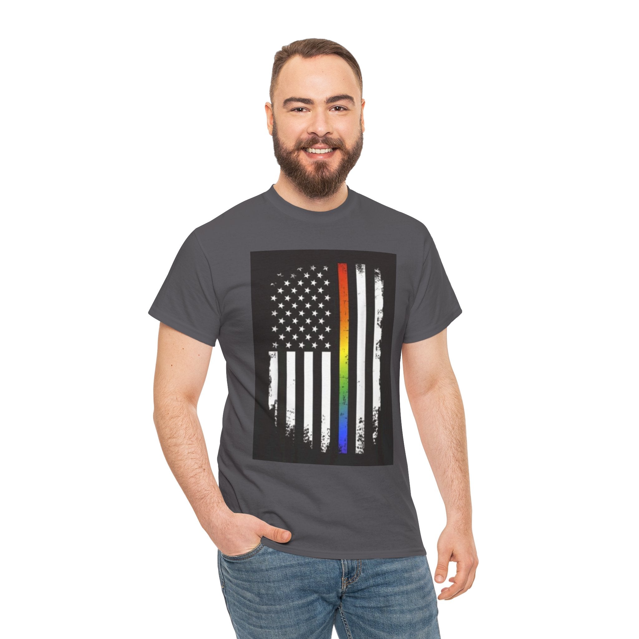 LGBTQ+ Pride Flag T‑Shirt — Distressed American Flag with Rainbow Stripe