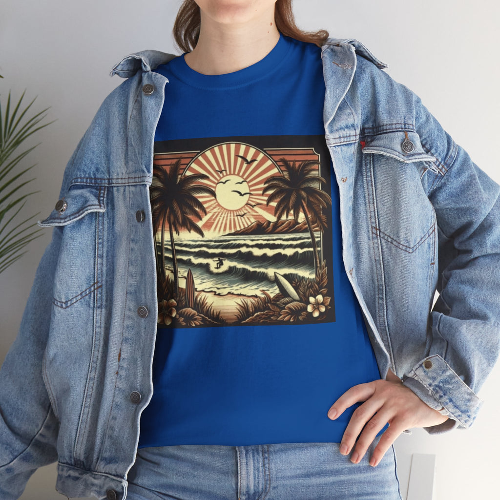 Retro Tropical Beach T-Shirt — Vintage Palm Sunset Graphic Tee
