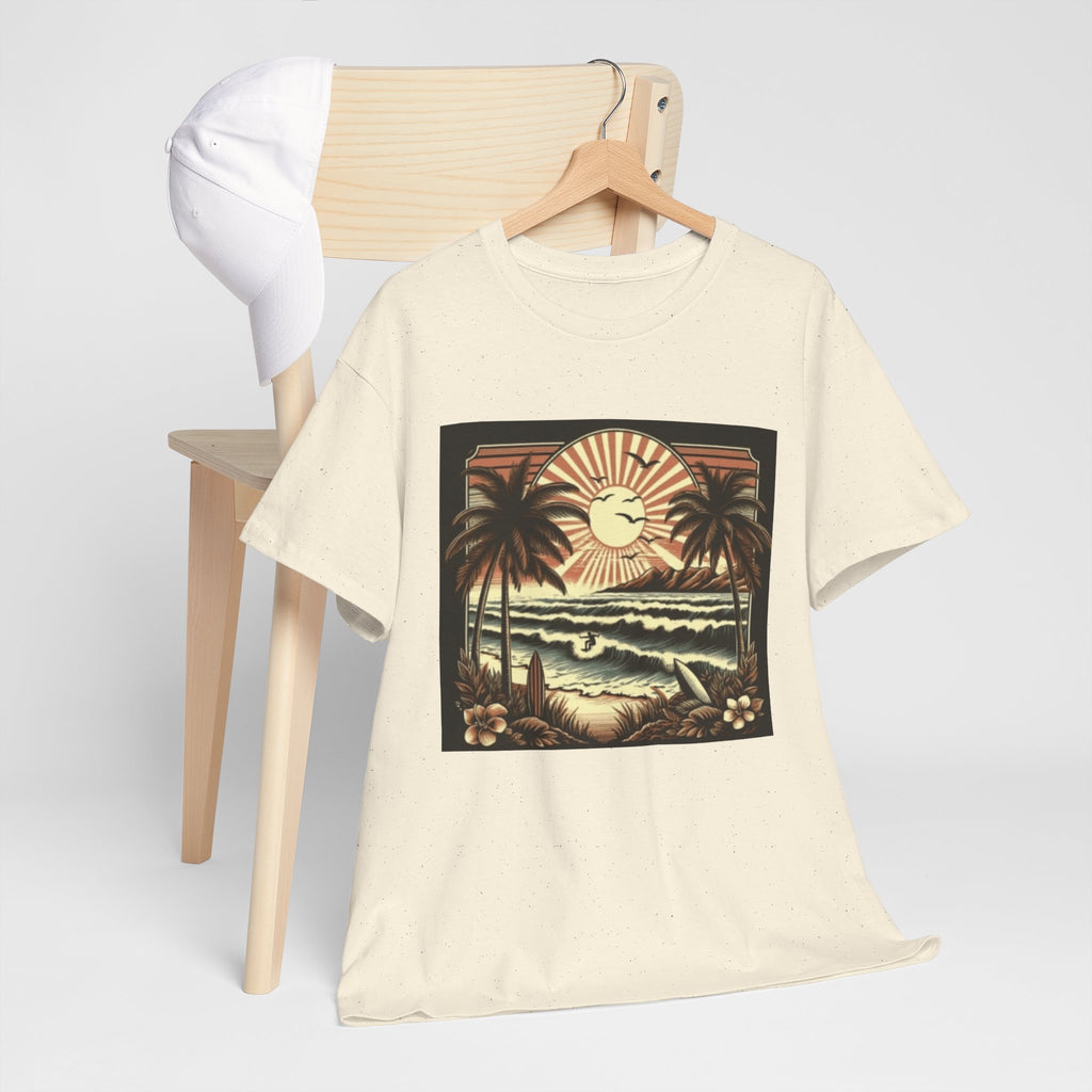 Retro Tropical Beach T-Shirt — Vintage Palm Sunset Graphic Tee