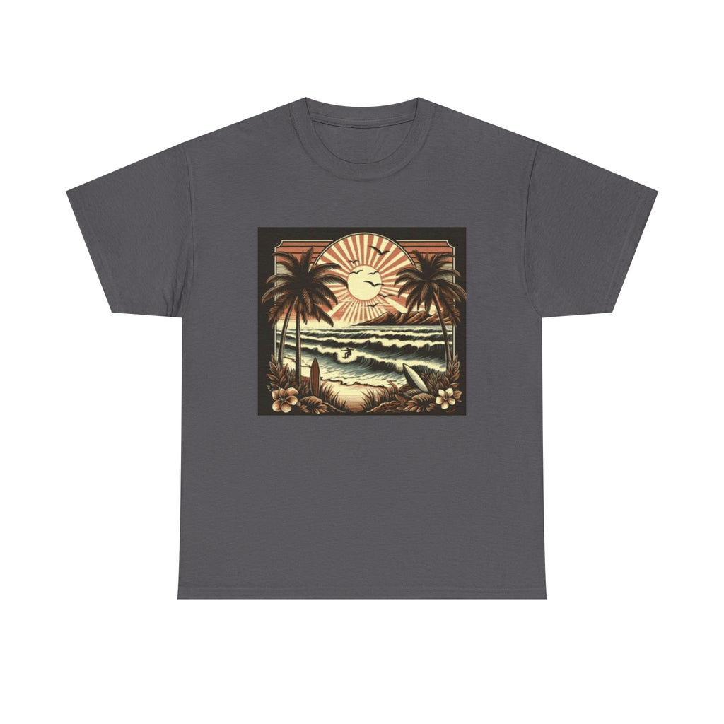 Retro Tropical Beach T-Shirt — Vintage Palm Sunset Graphic Tee