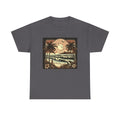 Retro Tropical Beach T-Shirt — Vintage Palm Sunset Graphic Tee