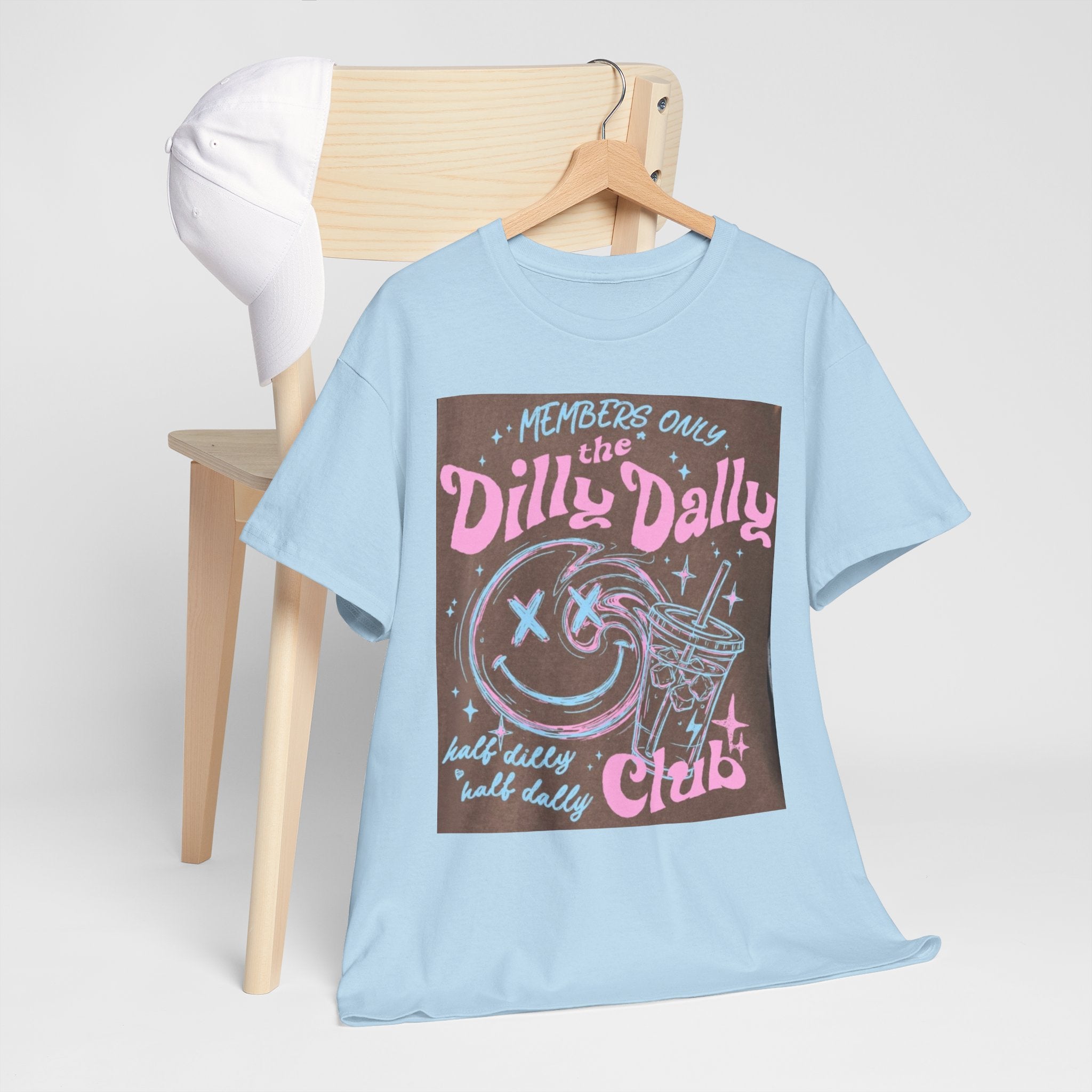 Dilly Dally Club Graphic Tee — Retro Pastel Drink & Moon Design
