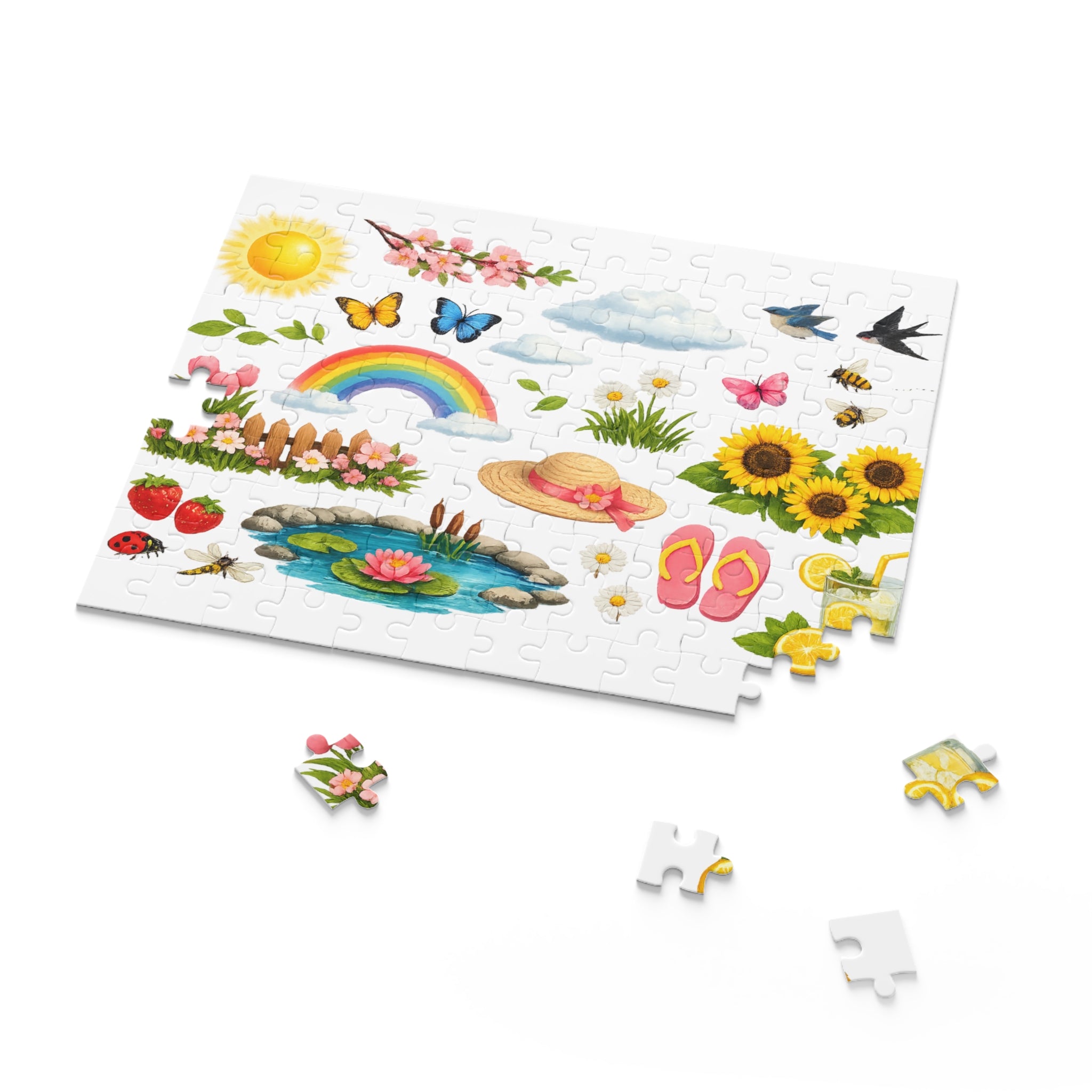 Springtime Sticker Puzzle — 120/252/500-Piece Jigsaw with Rainbow, Sunflowers & Garden Icons