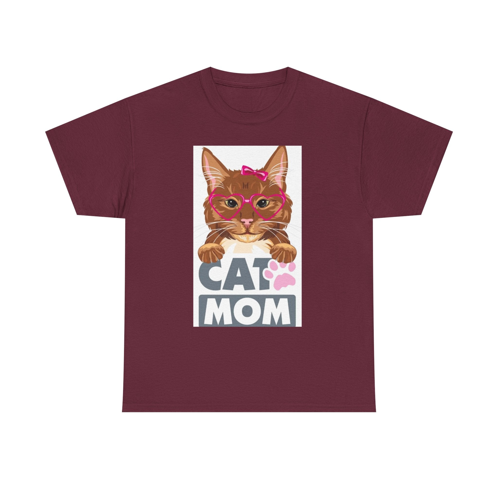 Cat Mom T-Shirt — Cute Cat Face Graphic Tee with "CAT MOM" Paw Print