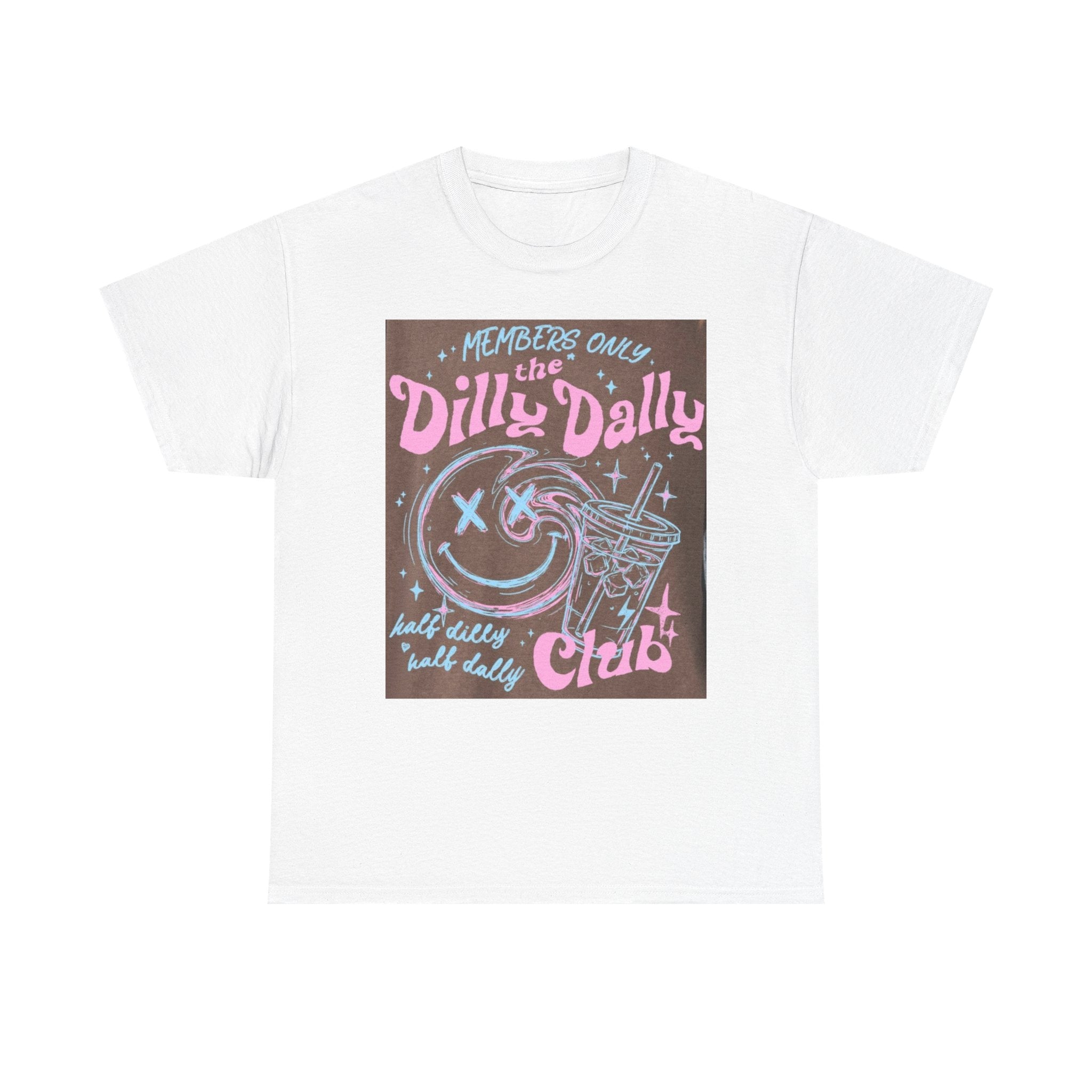 Dilly Dally Club Graphic Tee — Retro Pastel Drink & Moon Design