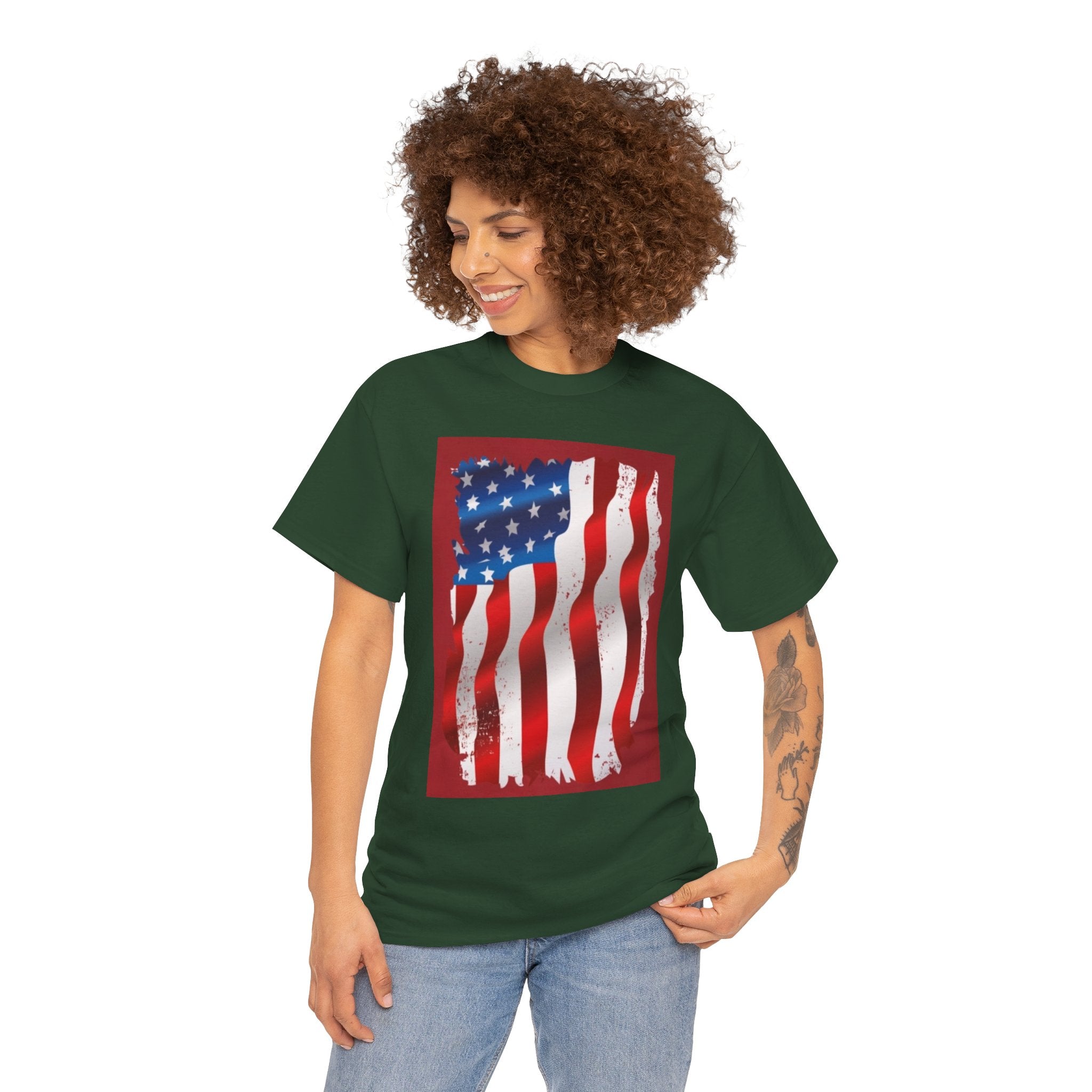 American Flag Graphic Tee — Distressed Wavy Stars & Stripes