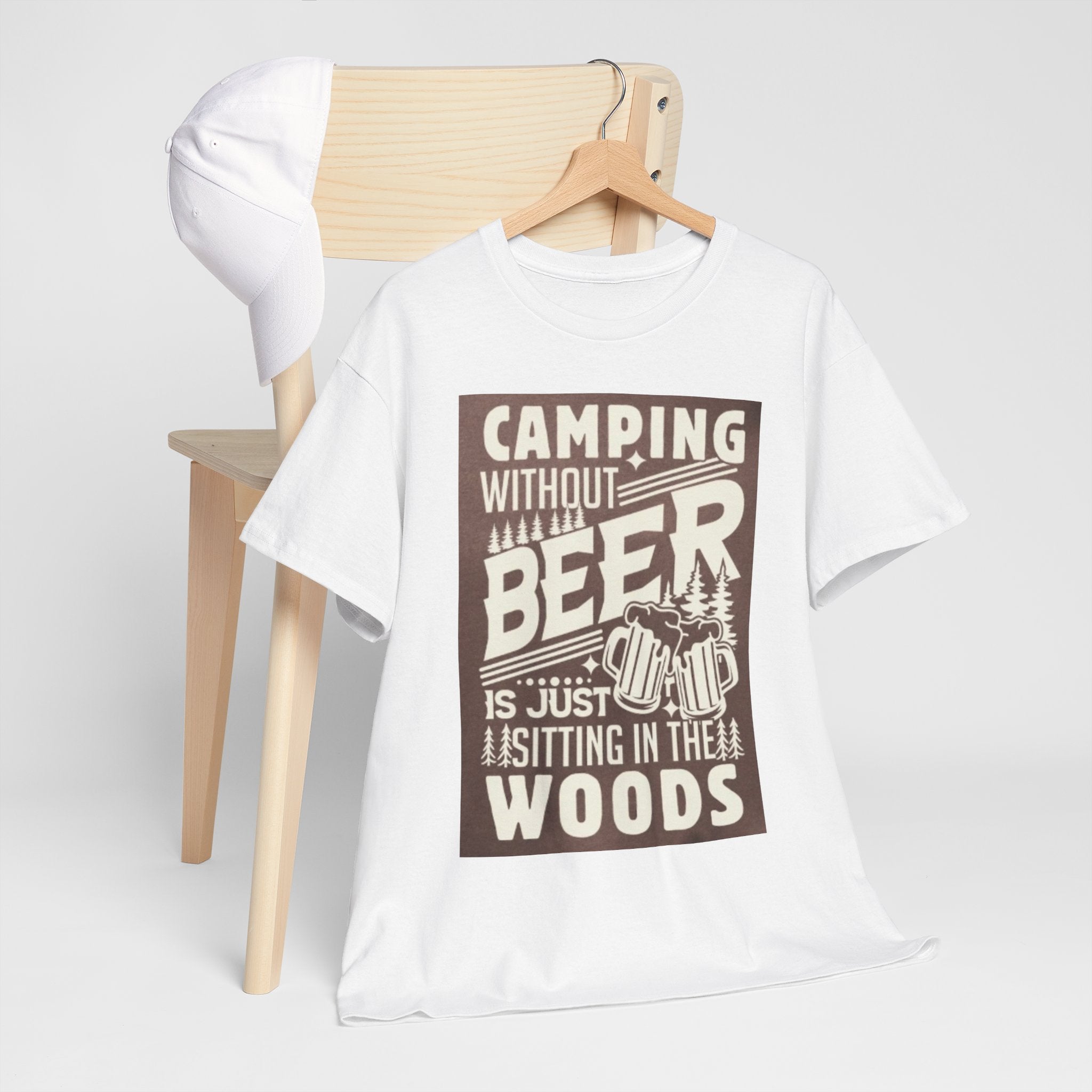 Camping Beer T-Shirt — "Camping Without Beer Is Just Sitting in the Woods" Outdoor Campfire Tee