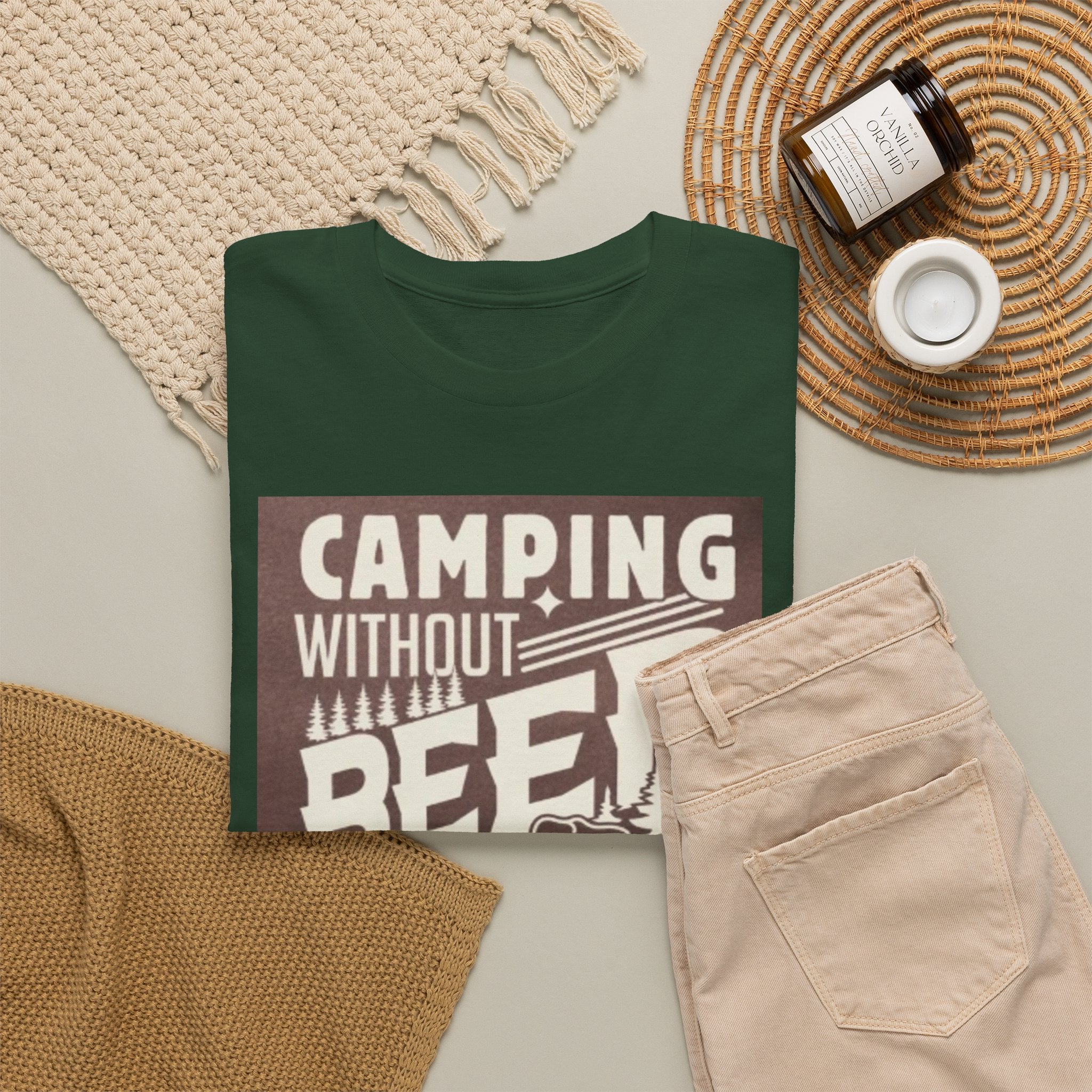 Camping Beer T-Shirt — "Camping Without Beer Is Just Sitting in the Woods" Outdoor Campfire Tee