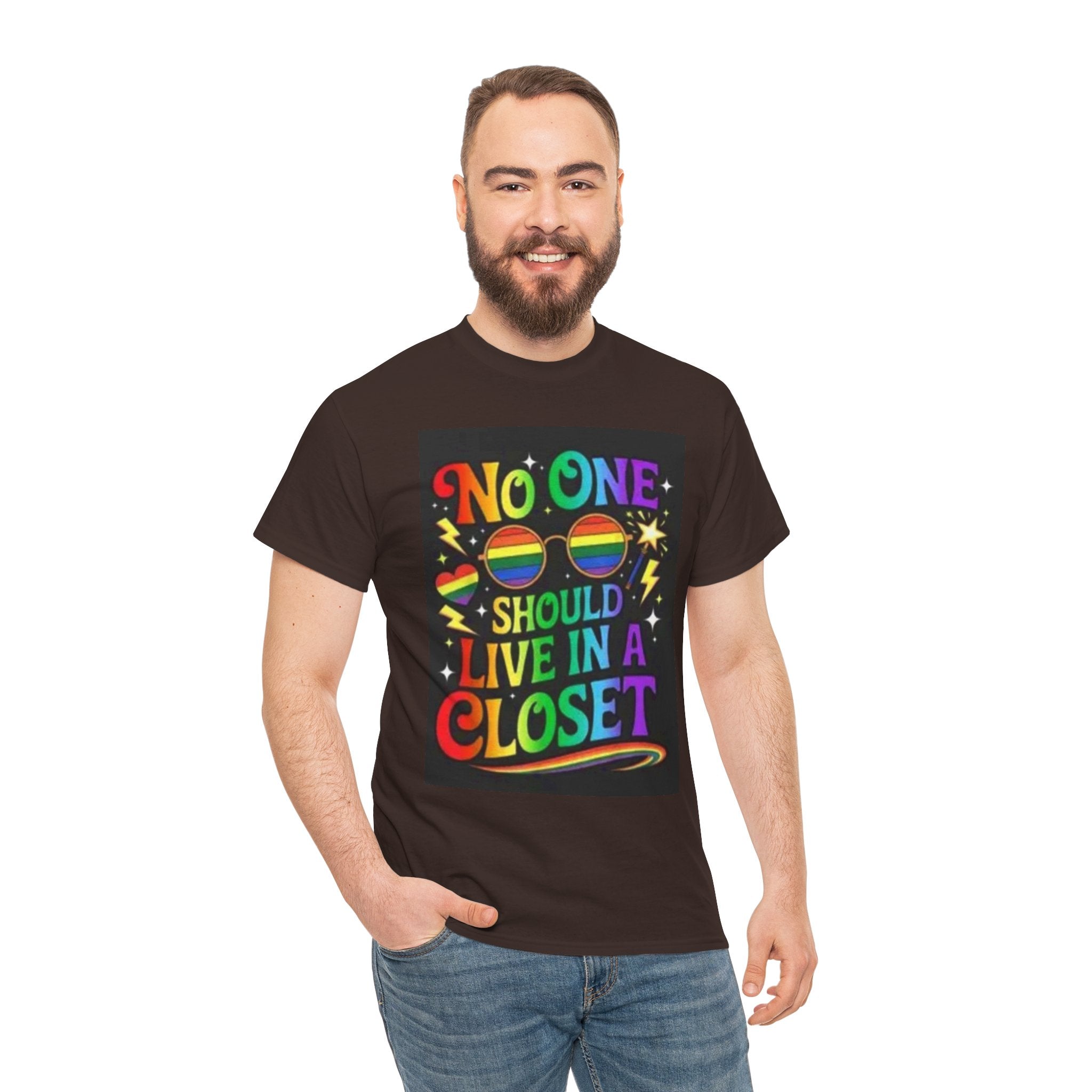 T‑Shirt — "No One Should Live in a Closet" Rainbow Pride Tee
