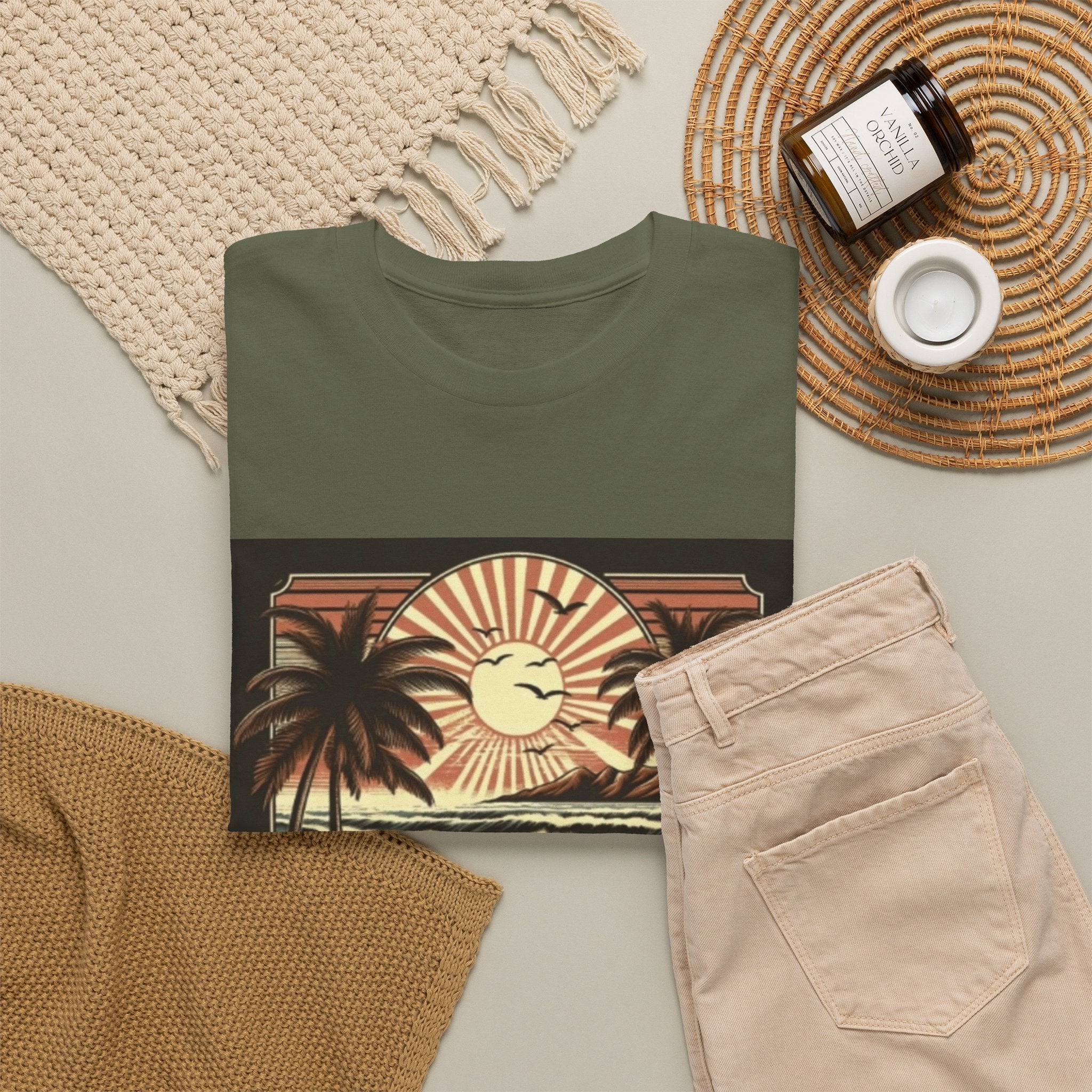 Retro Tropical Beach T-Shirt — Vintage Palm Sunset Graphic Tee