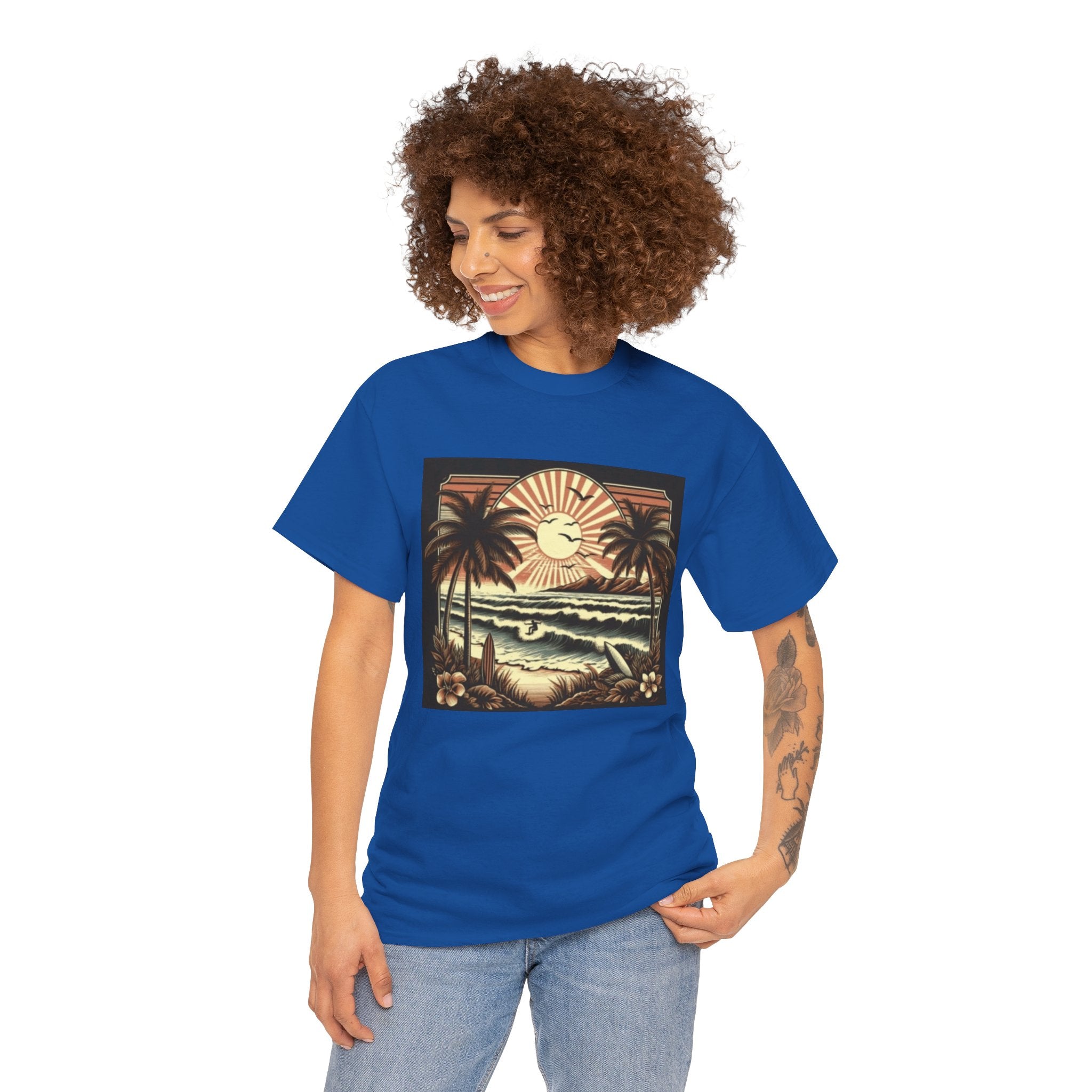 Retro Tropical Beach T-Shirt — Vintage Palm Sunset Graphic Tee