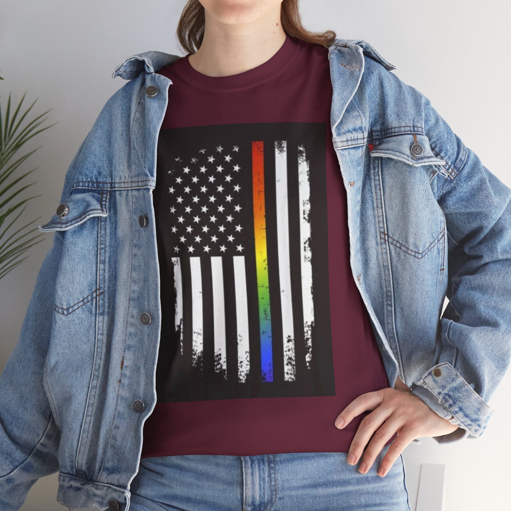 LGBTQ+ Pride Flag T‑Shirt — Distressed American Flag with Rainbow Stripe