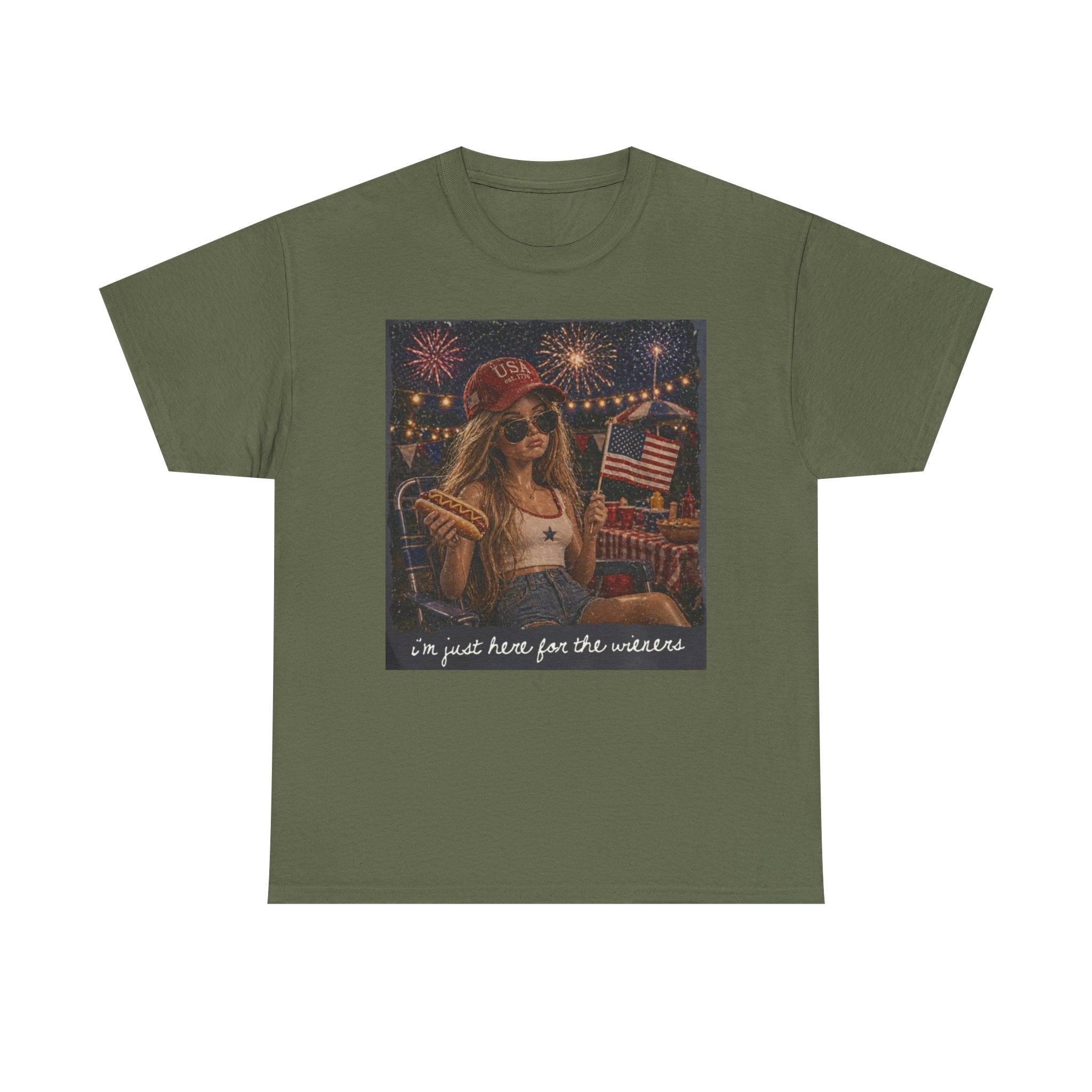 Patriotic Girl Graphic Tee — "I'm Just Here for the Fireworks" 4th of July Shirt