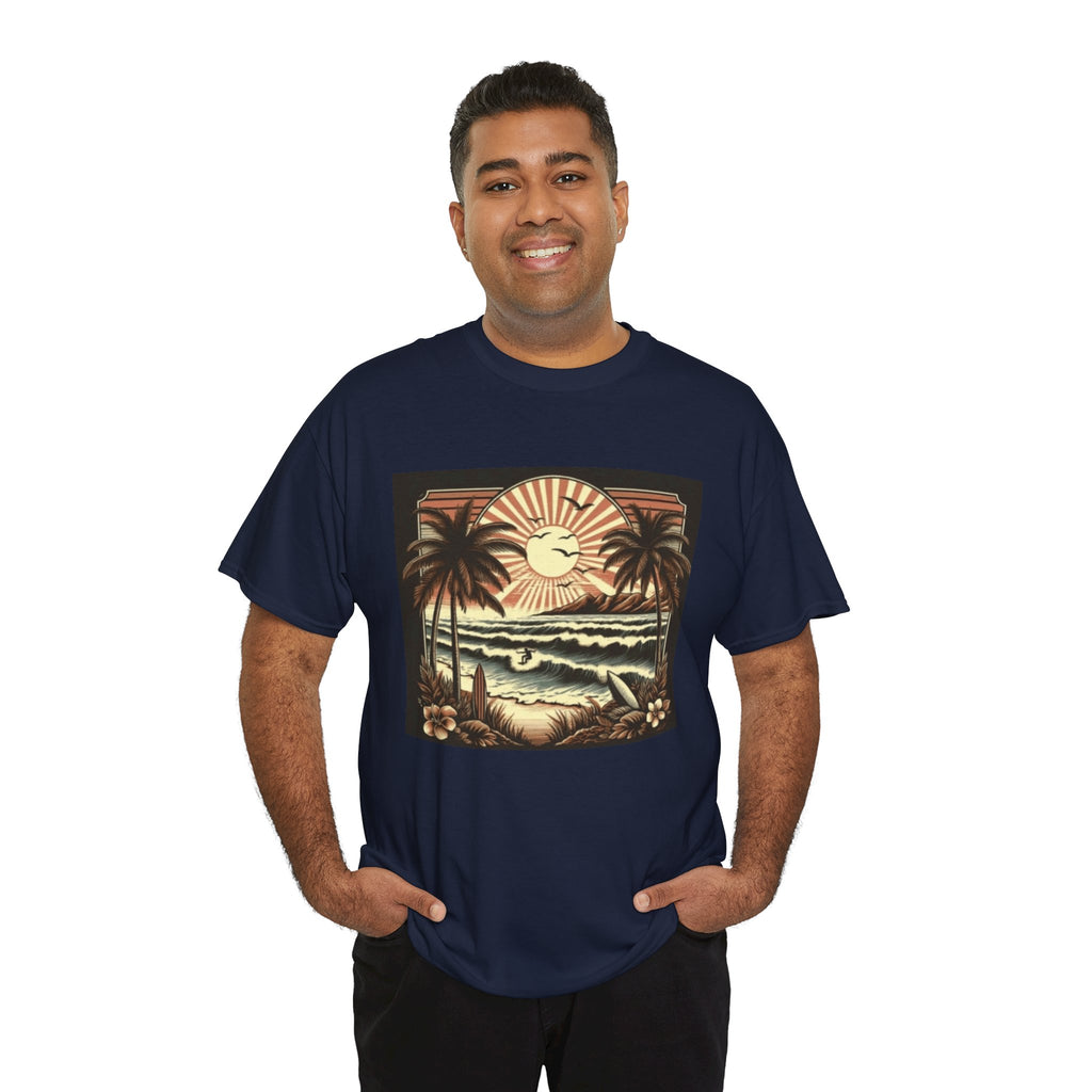 Retro Tropical Beach T-Shirt — Vintage Palm Sunset Graphic Tee