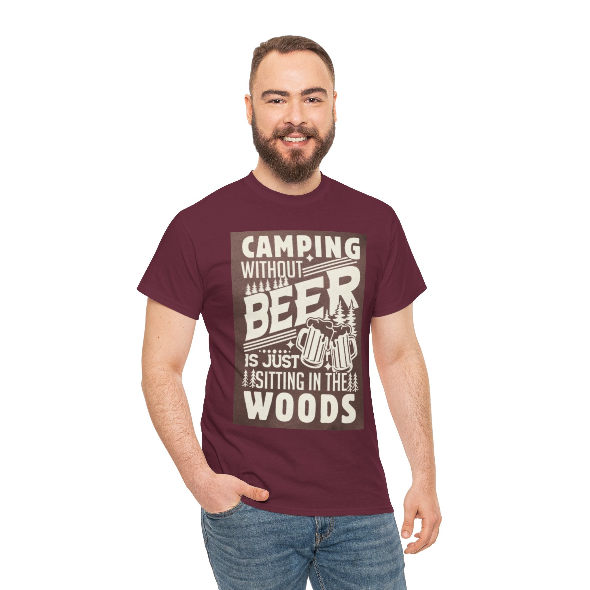 Camping Beer T-Shirt — "Camping Without Beer Is Just Sitting in the Woods" Outdoor Campfire Tee