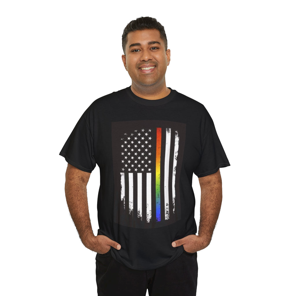LGBTQ+ Pride Flag T‑Shirt — Distressed American Flag with Rainbow Stripe