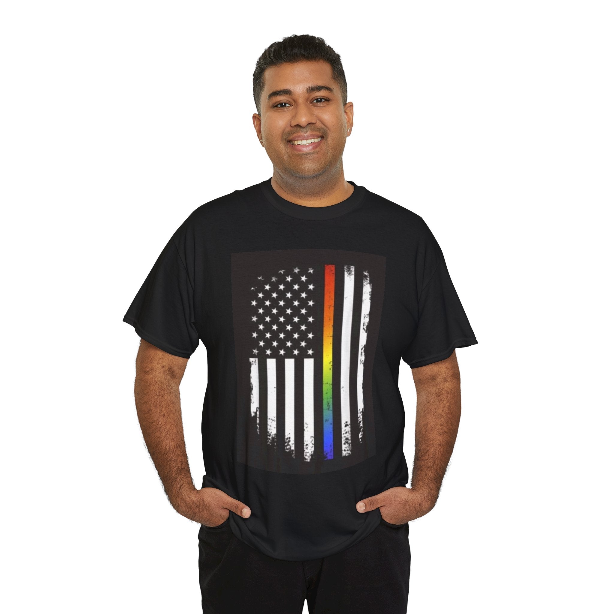 LGBTQ+ Pride Flag T‑Shirt — Distressed American Flag with Rainbow Stripe