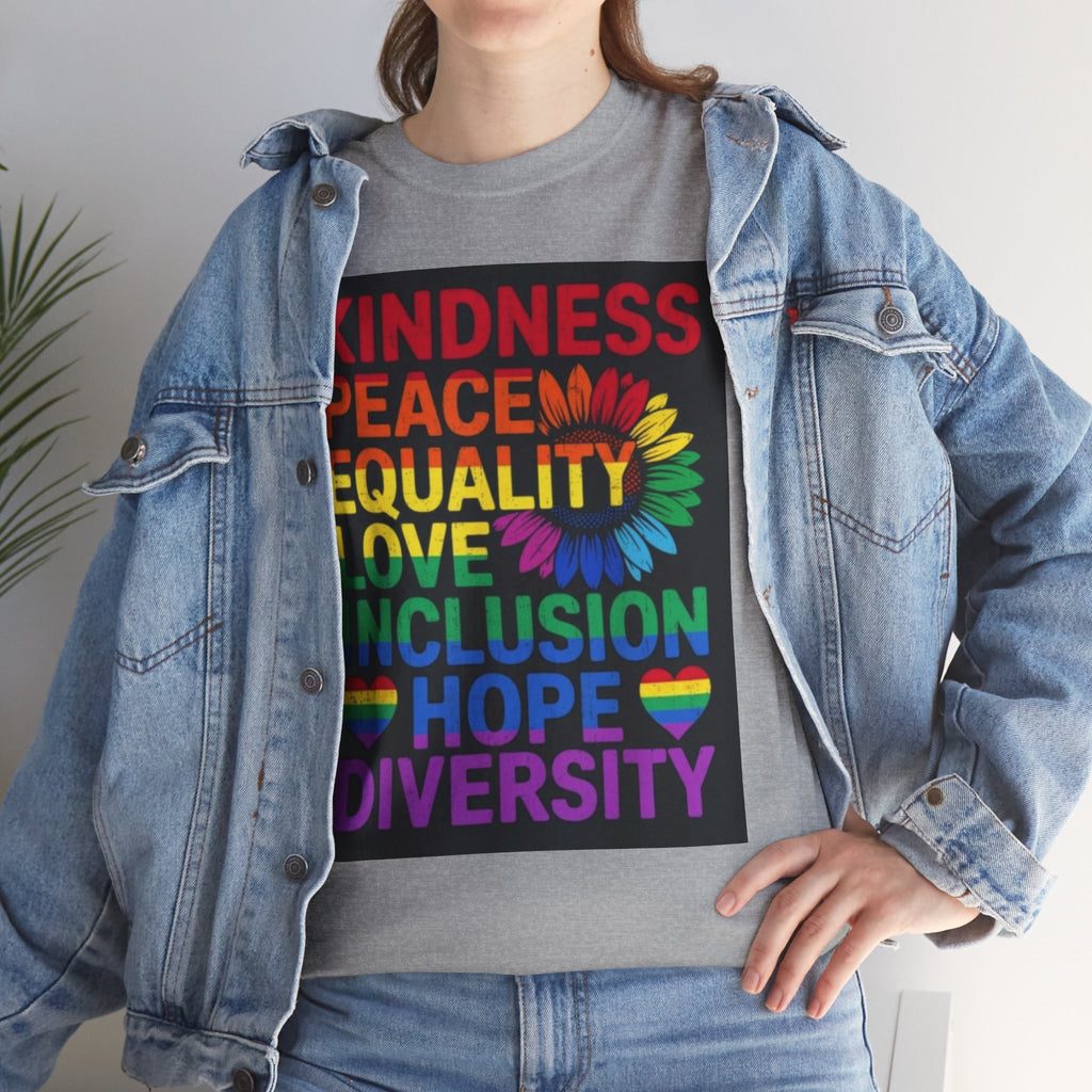 Kindness Peace Equality Rainbow T-Shirt — Pride Inclusion & Diversity Tee