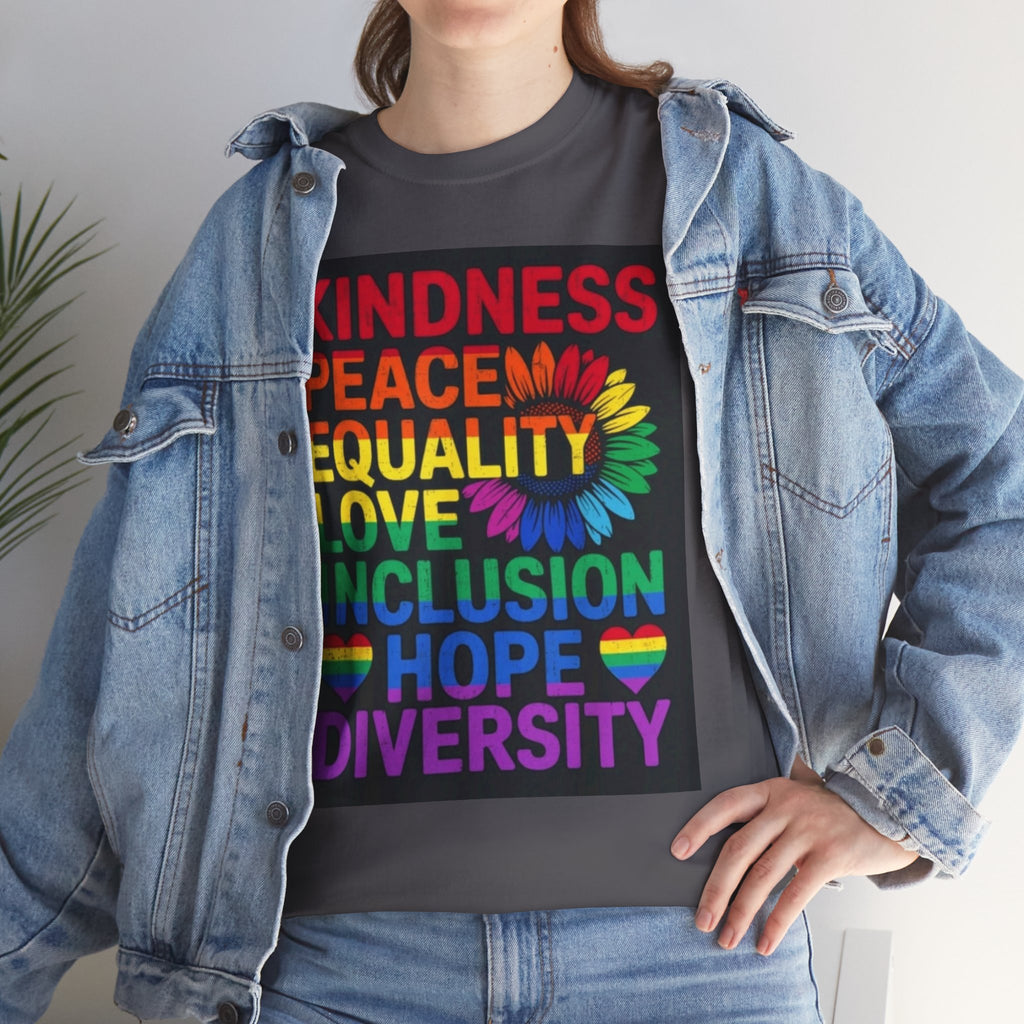 Kindness Peace Equality Rainbow T-Shirt — Pride Inclusion & Diversity Tee