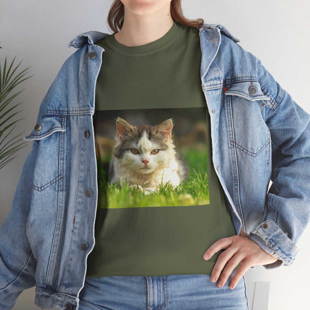 Cat Photo Tee — Relaxed Cat Lying in Grass T-Shirt