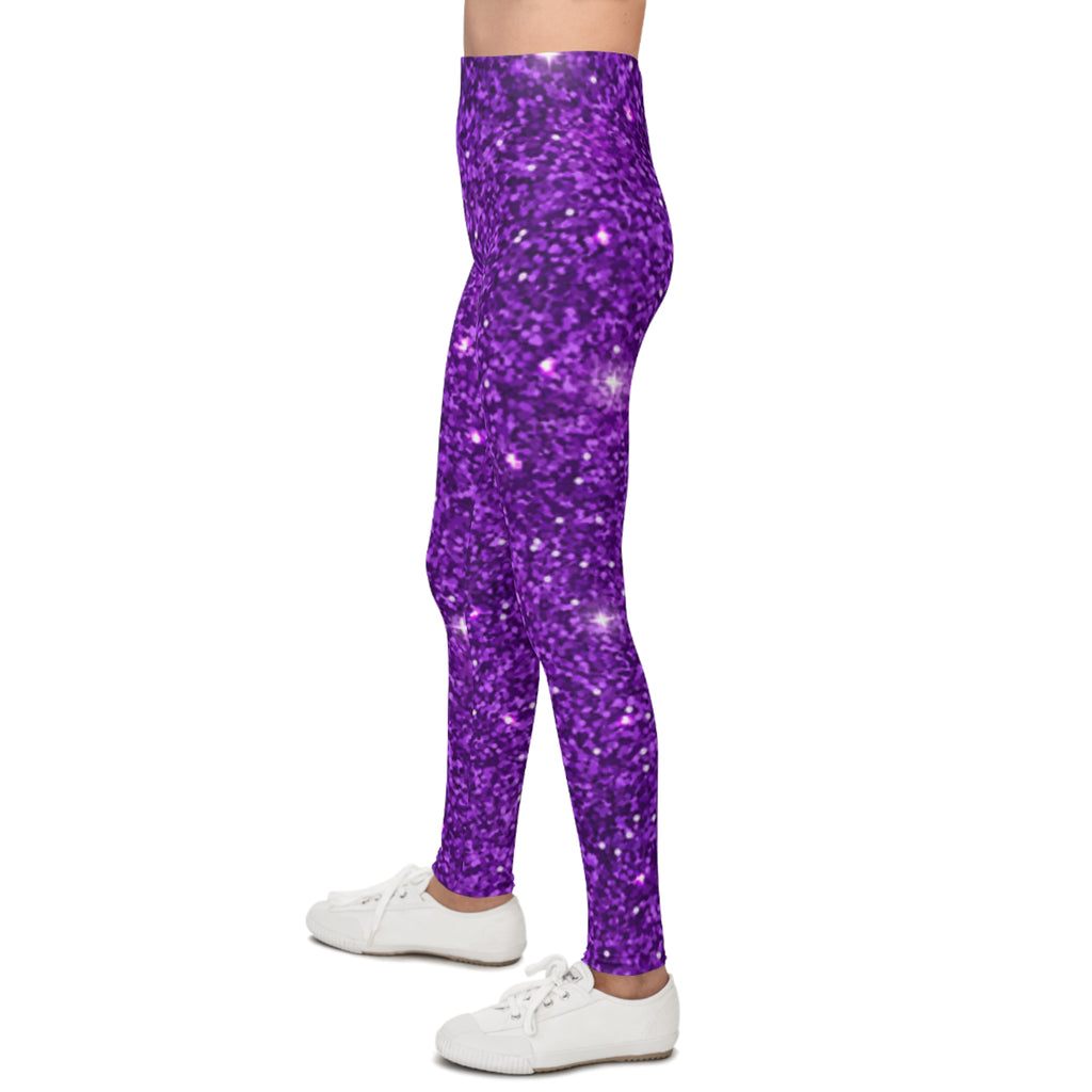 Purple Glitter Youth Leggings – Sparkle All-Over Print for Girls
