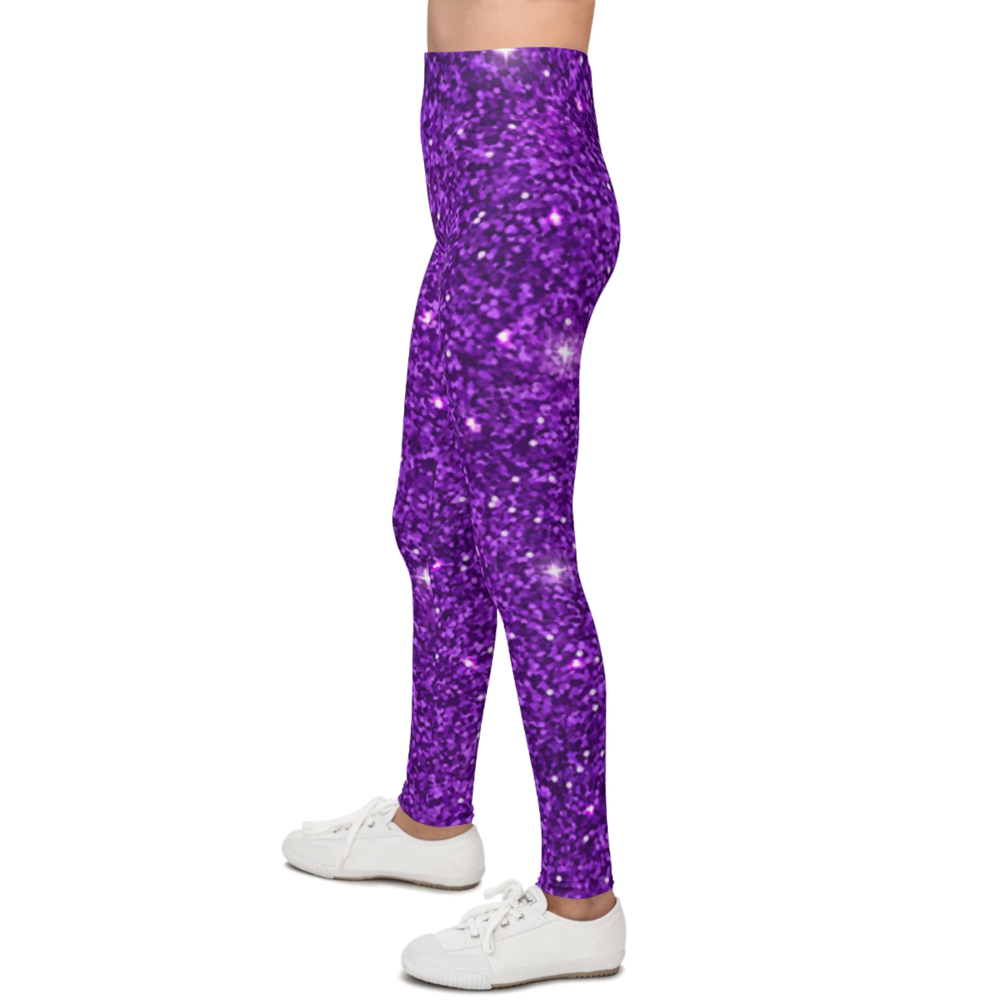 Purple Glitter Youth Leggings – Sparkle All-Over Print for Girls