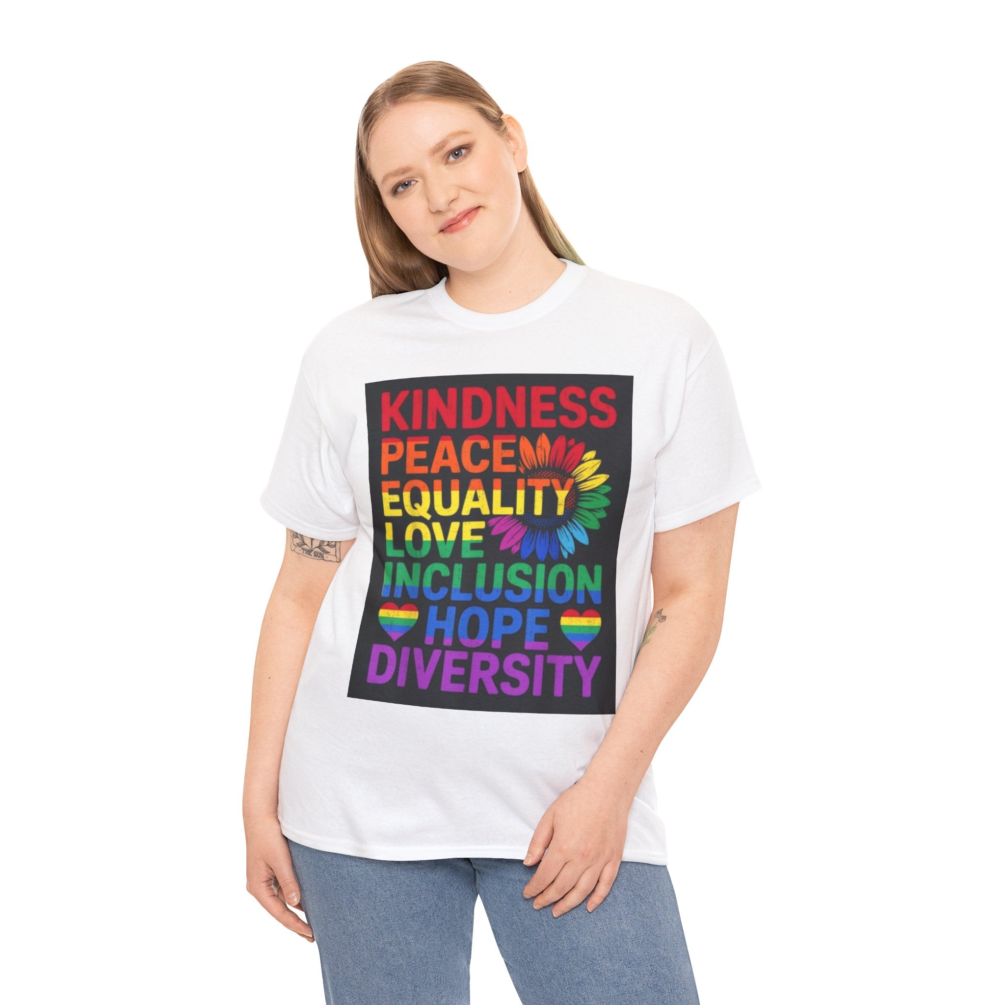 Kindness Peace Equality Rainbow T-Shirt — Pride Inclusion & Diversity Tee