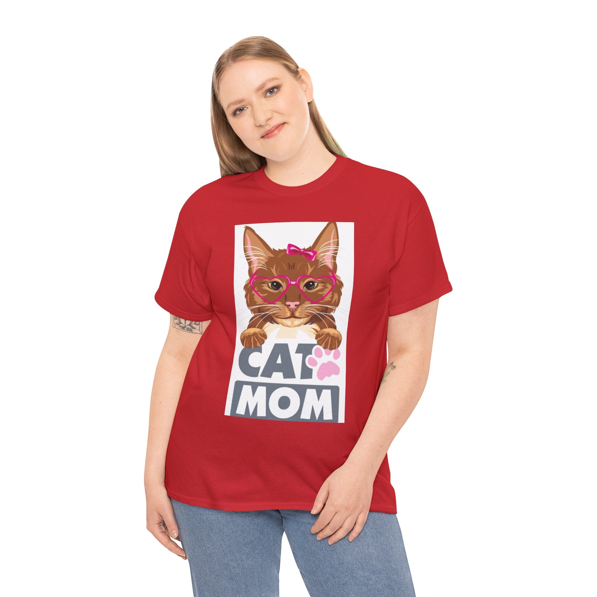 Cat Mom T-Shirt — Cute Cat Face Graphic Tee with "CAT MOM" Paw Print