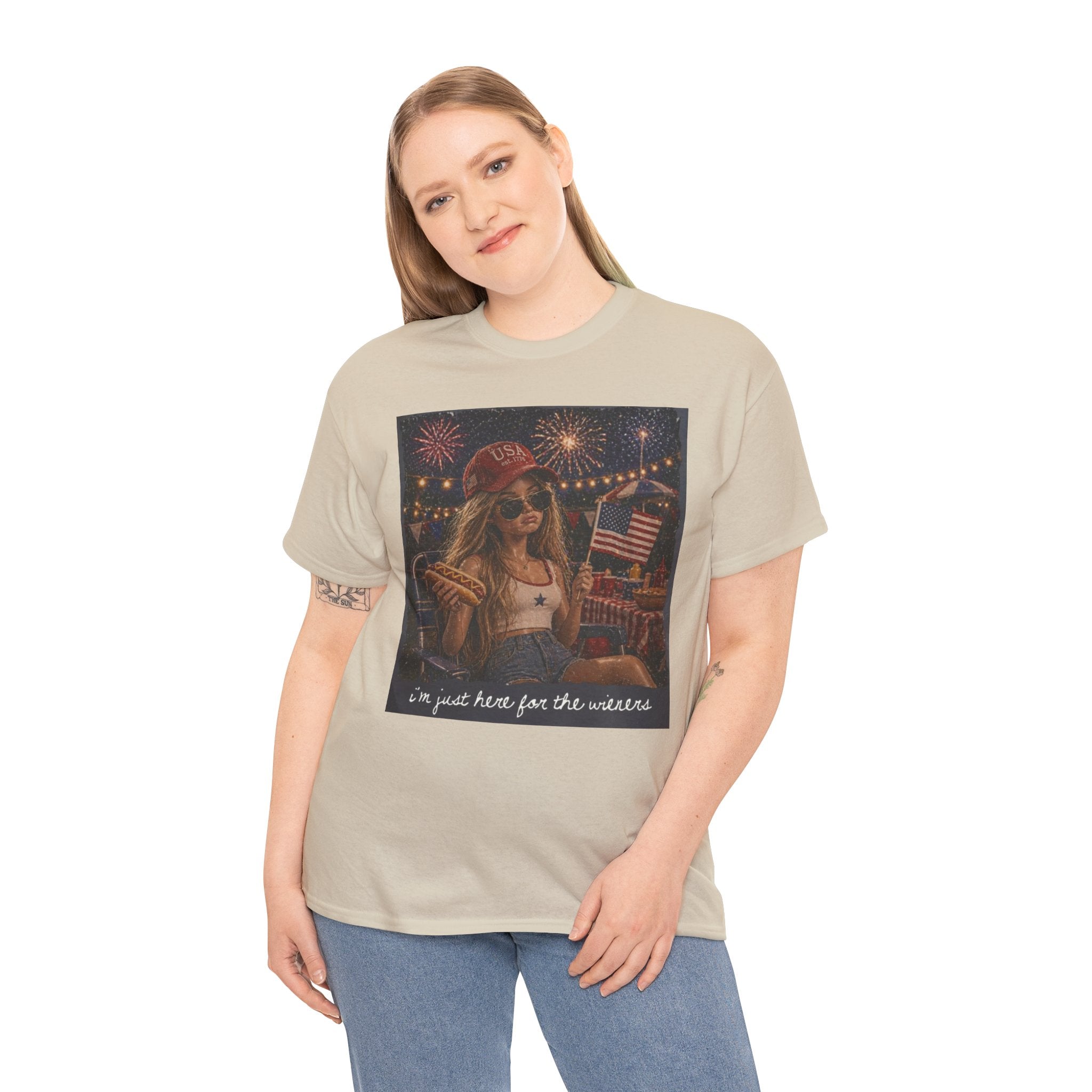 Patriotic Girl Graphic Tee — "I'm Just Here for the Fireworks" 4th of July Shirt