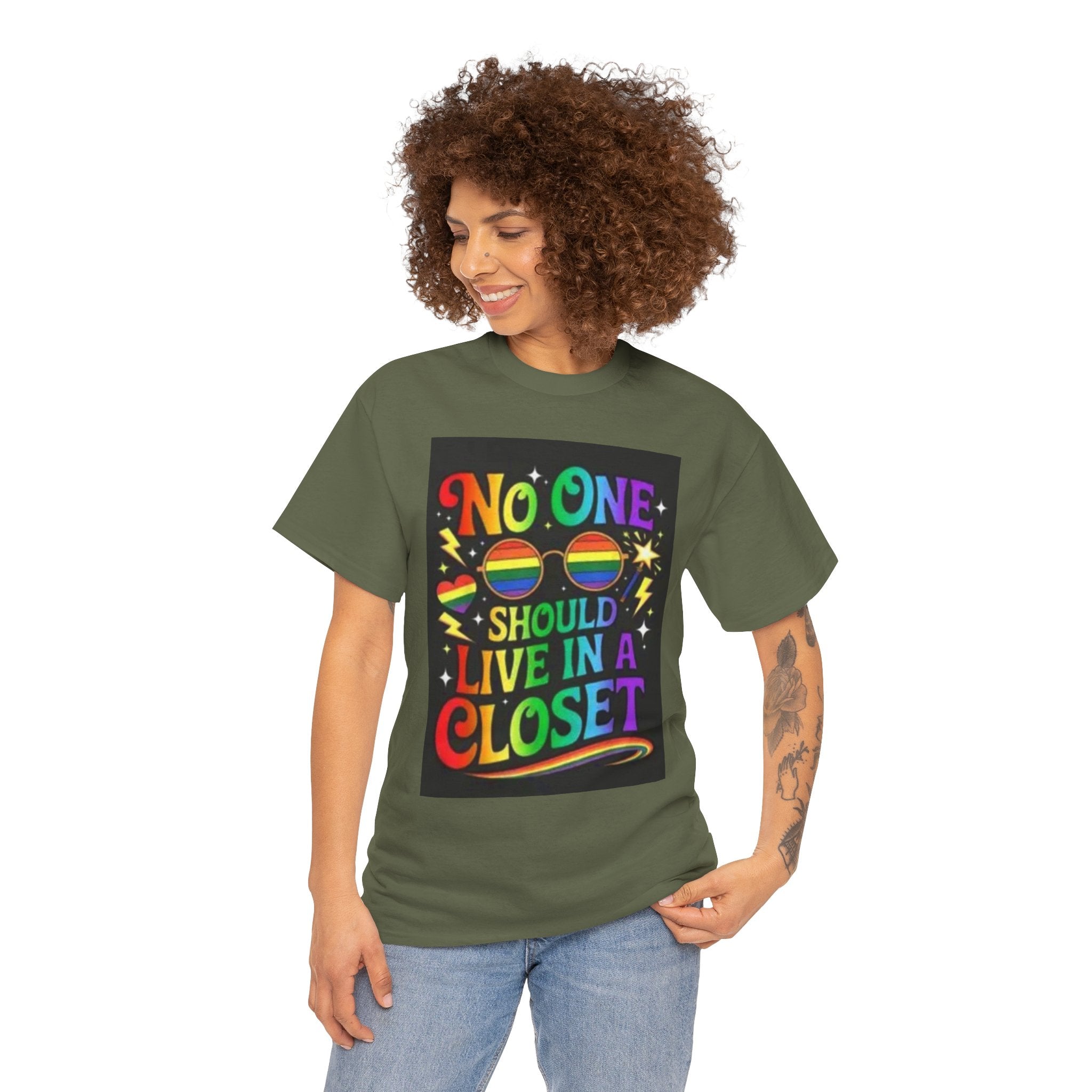 T‑Shirt — "No One Should Live in a Closet" Rainbow Pride Tee