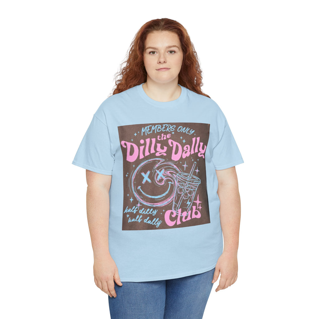 Dilly Dally Club Graphic Tee — Retro Pastel Drink & Moon Design