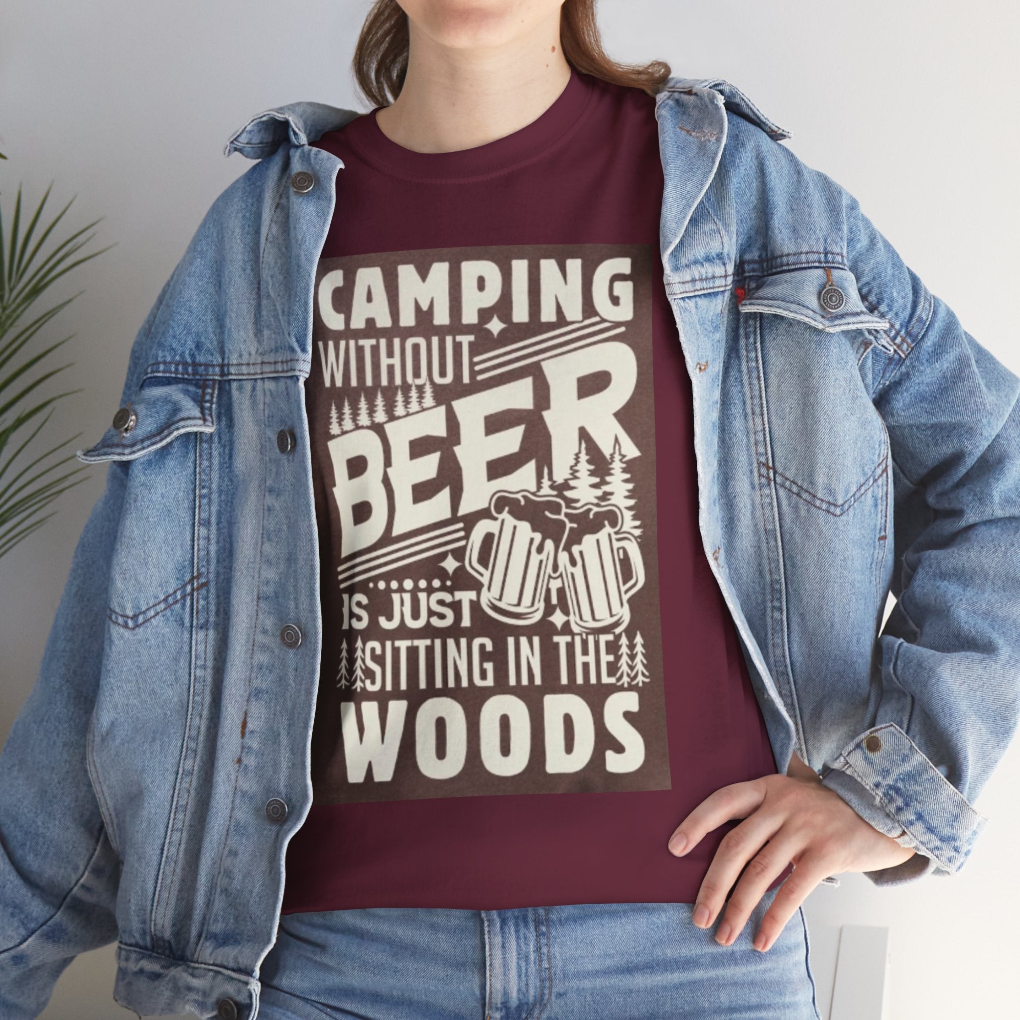 Camping Beer T-Shirt — "Camping Without Beer Is Just Sitting in the Woods" Outdoor Campfire Tee