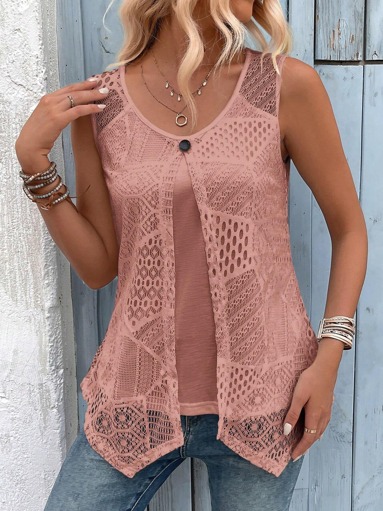 Vest Decorative Buckle Mesh Sleeveless Fake Two-Piece