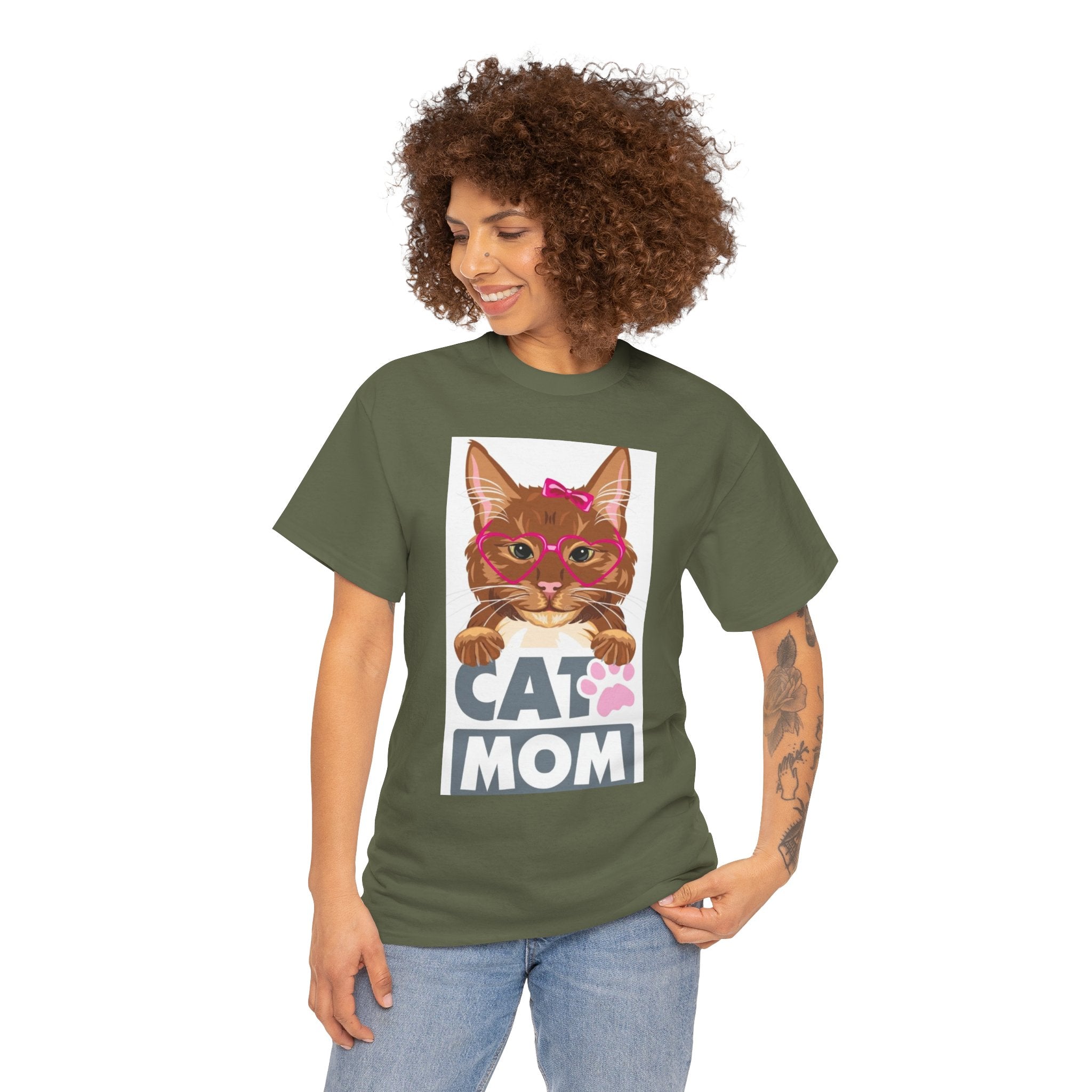 Cat Mom T-Shirt — Cute Cat Face Graphic Tee with "CAT MOM" Paw Print