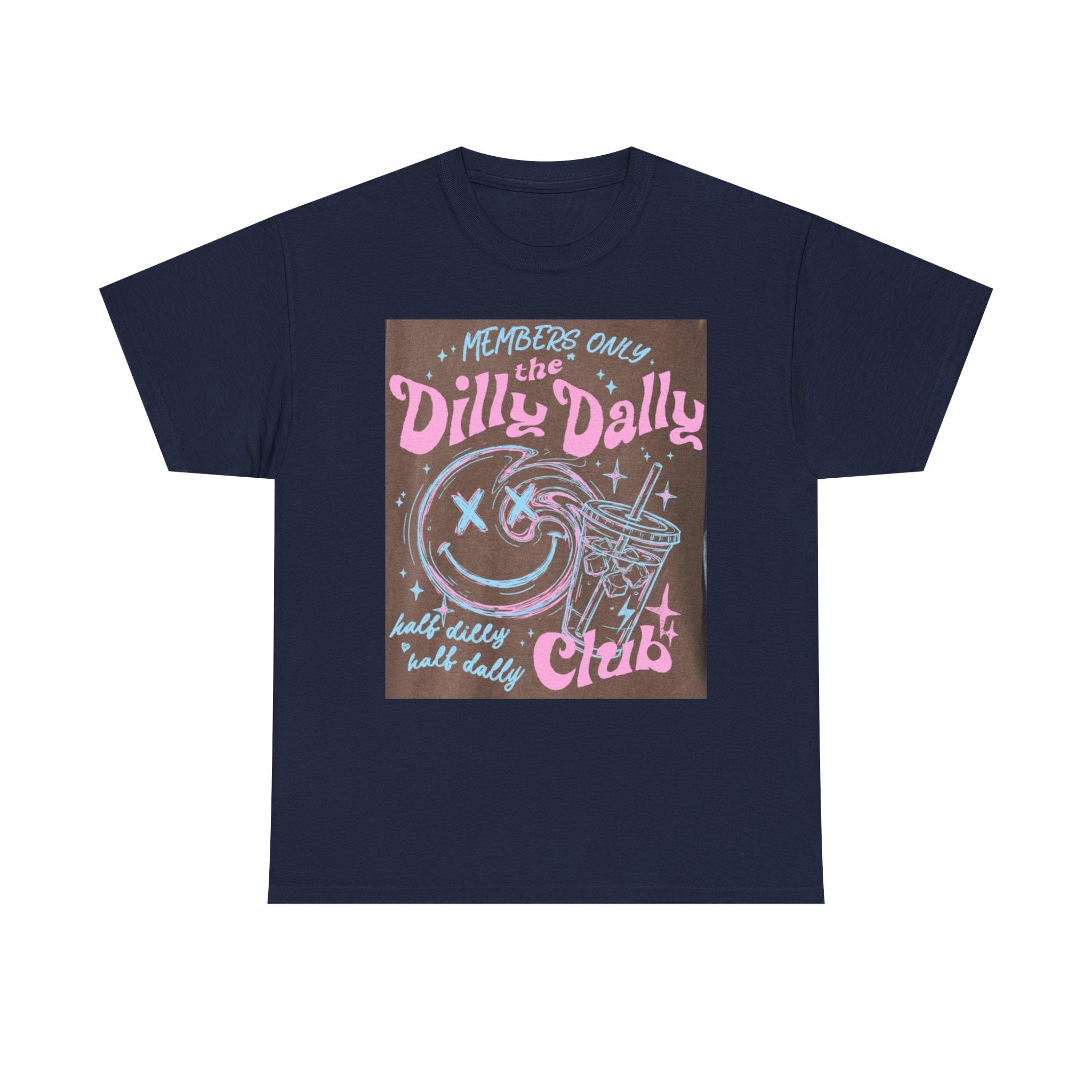 Dilly Dally Club Graphic Tee — Retro Pastel Drink & Moon Design