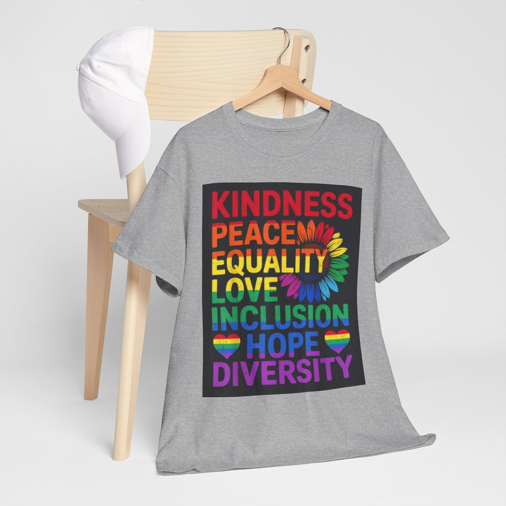 Kindness Peace Equality Rainbow T-Shirt — Pride Inclusion & Diversity Tee
