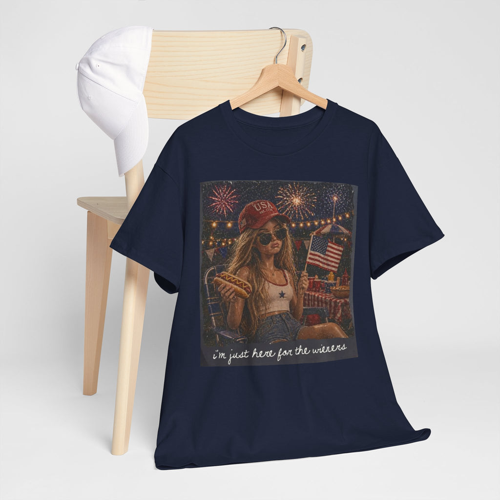 Patriotic Girl Graphic Tee — "I'm Just Here for the Fireworks" 4th of July Shirt