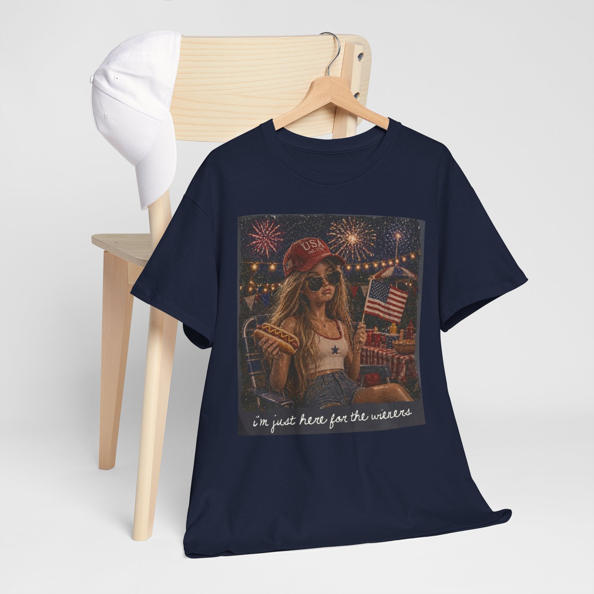 Patriotic Girl Graphic Tee — "I'm Just Here for the Fireworks" 4th of July Shirt