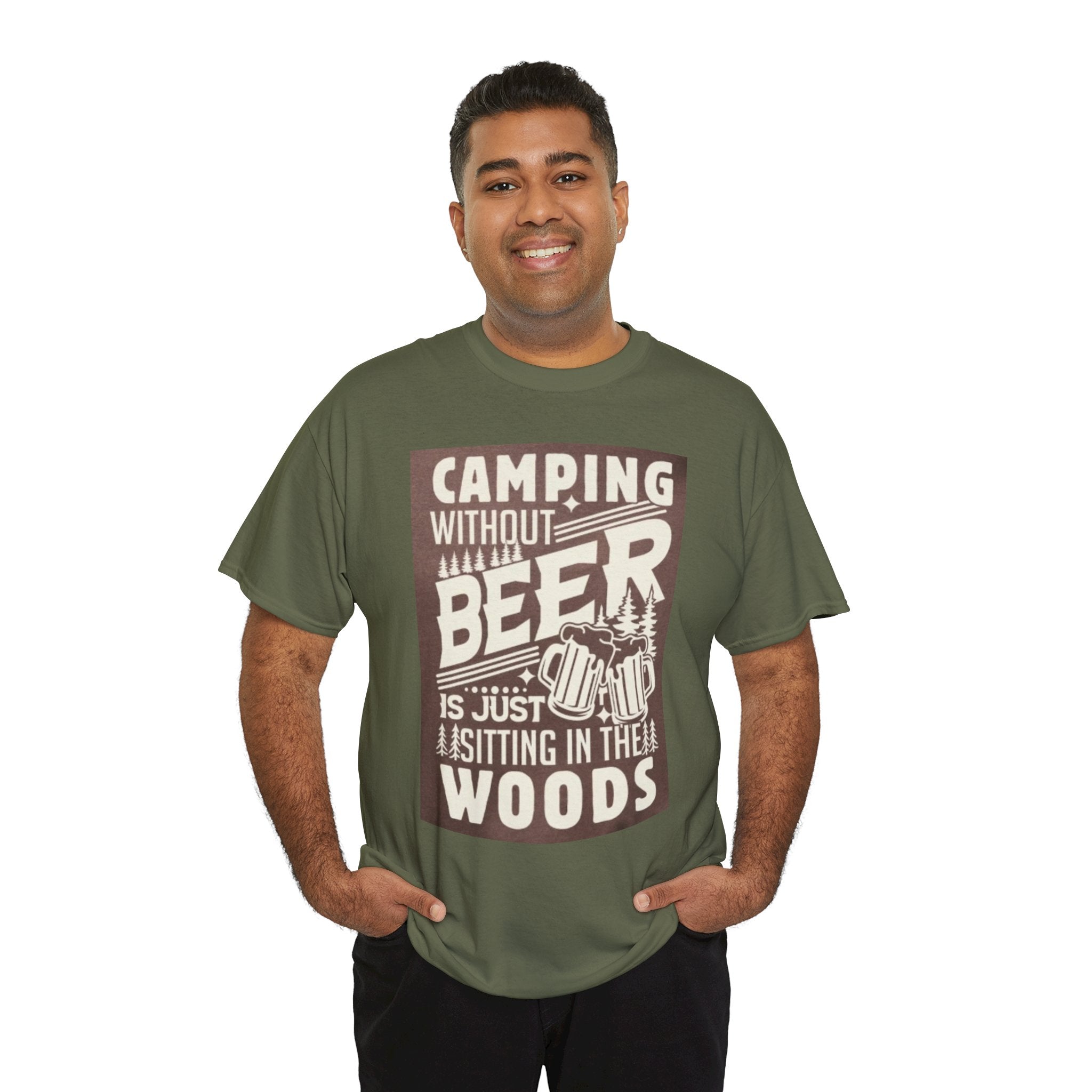 Camping Beer T-Shirt — "Camping Without Beer Is Just Sitting in the Woods" Outdoor Campfire Tee