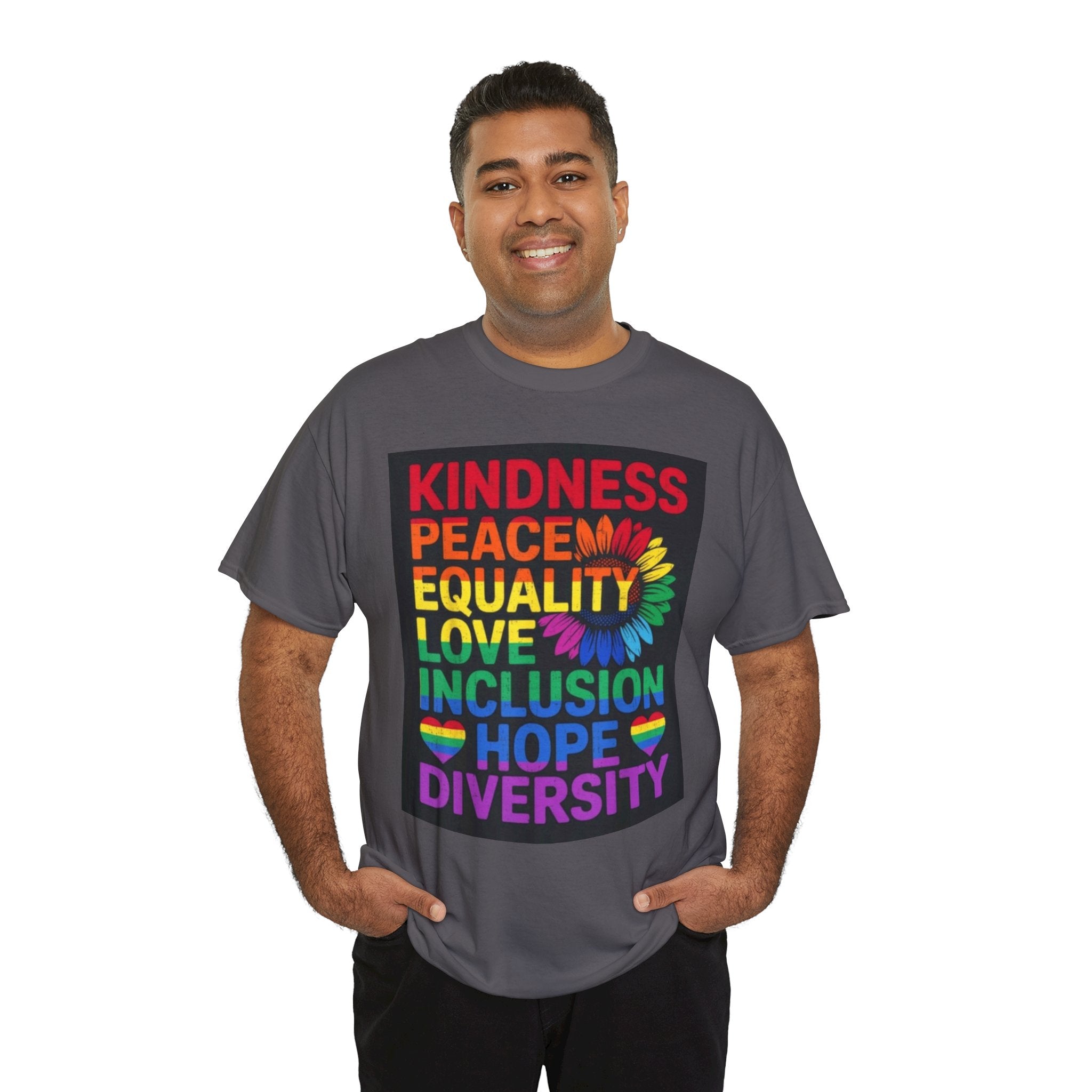 Kindness Peace Equality Rainbow T-Shirt — Pride Inclusion & Diversity Tee