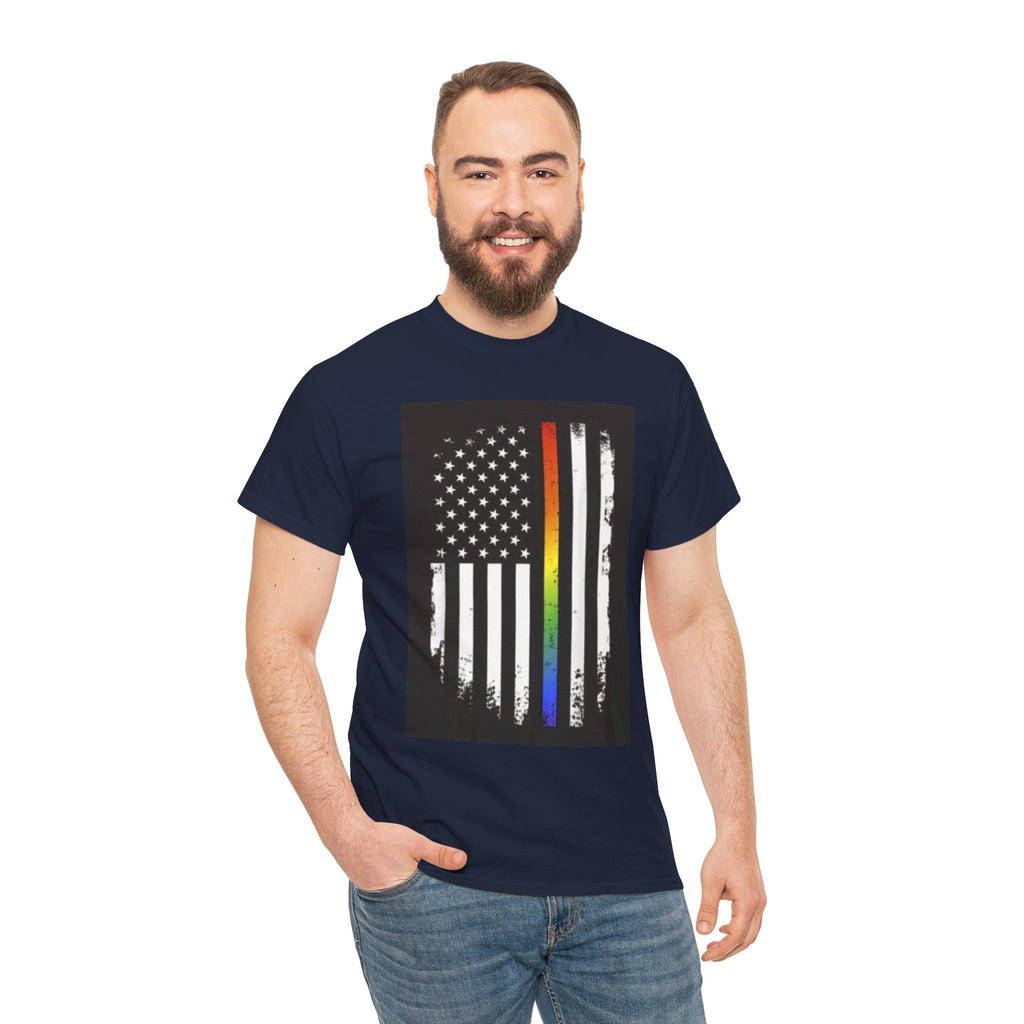 LGBTQ+ Pride Flag T‑Shirt — Distressed American Flag with Rainbow Stripe