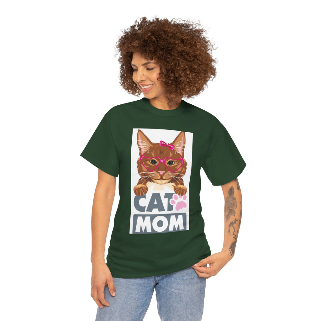 Cat Mom T-Shirt — Cute Cat Face Graphic Tee with "CAT MOM" Paw Print
