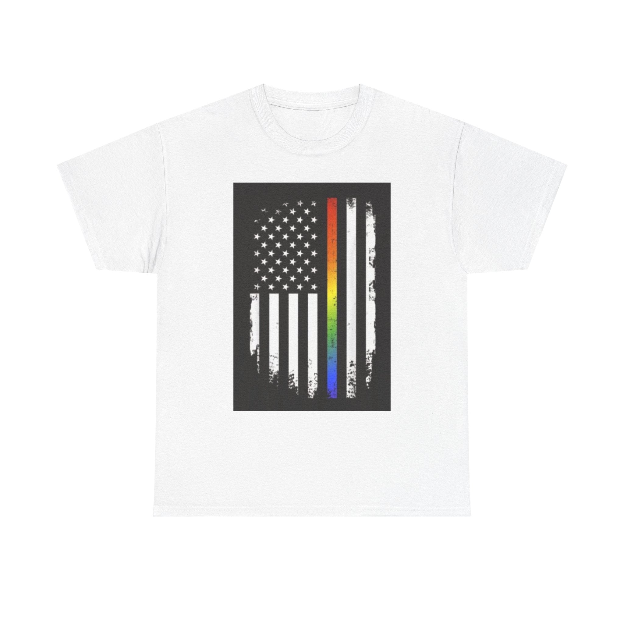 LGBTQ+ Pride Flag T‑Shirt — Distressed American Flag with Rainbow Stripe