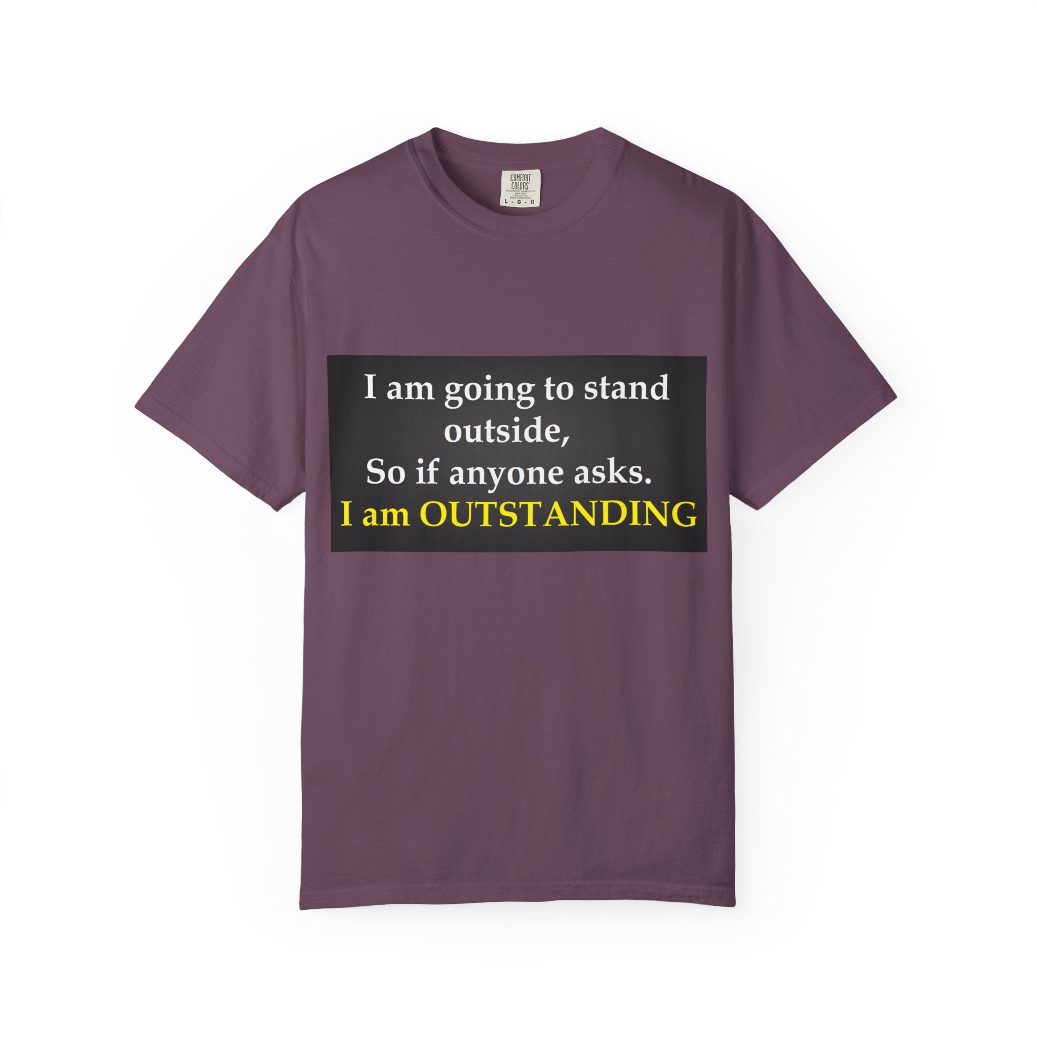 Funny Text T-Shirt: “I am going to stand outside… I am OUTSTANDING”