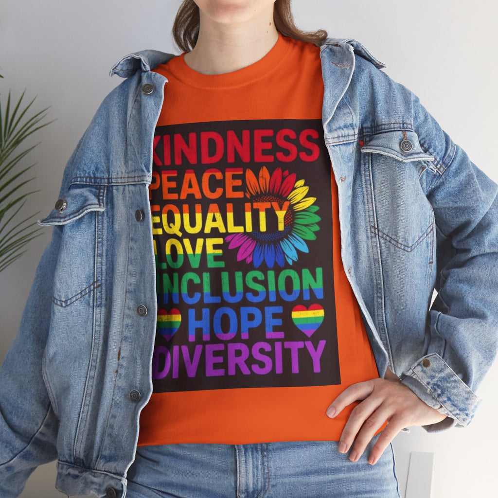Kindness Peace Equality Rainbow T-Shirt — Pride Inclusion & Diversity Tee