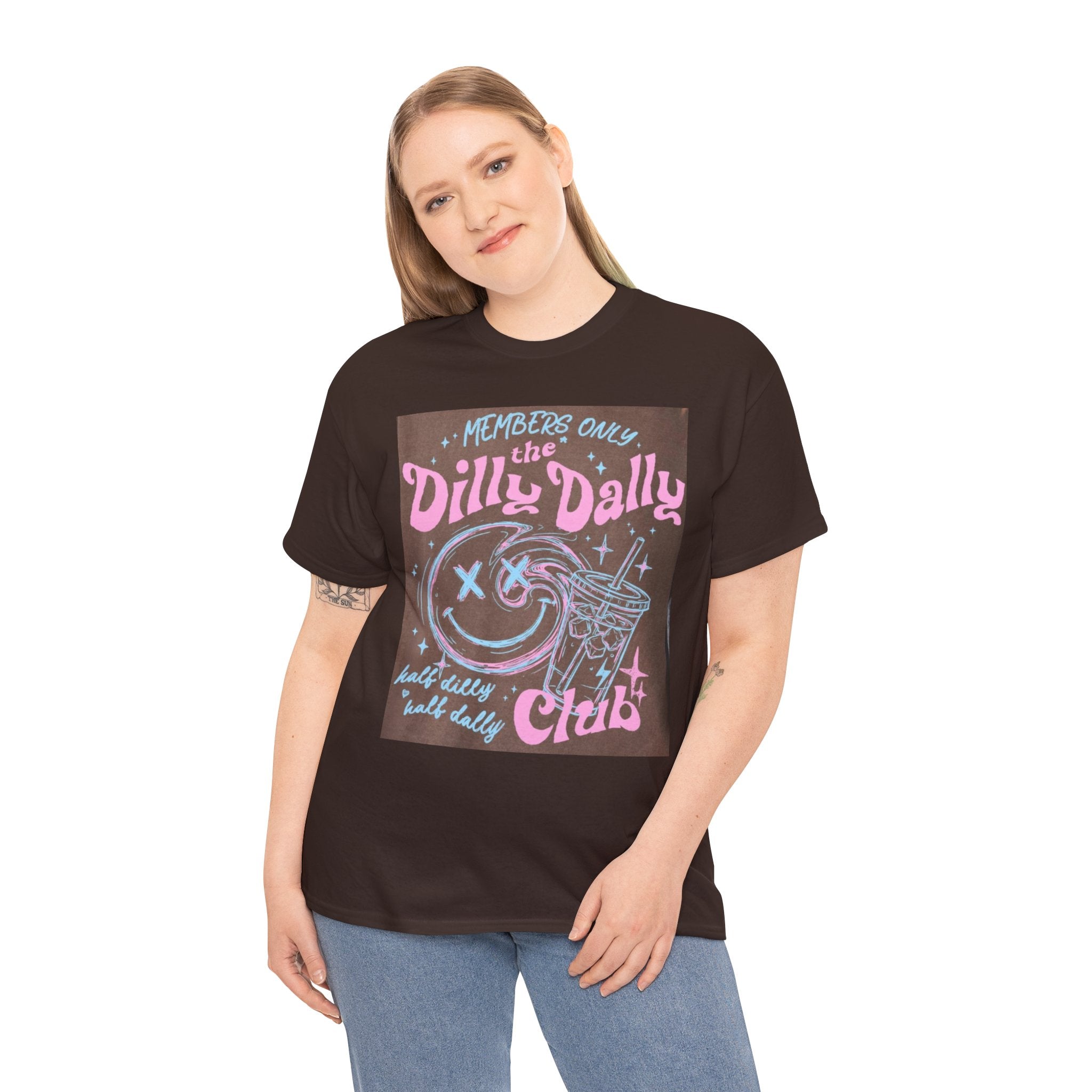 Dilly Dally Club Graphic Tee — Retro Pastel Drink & Moon Design
