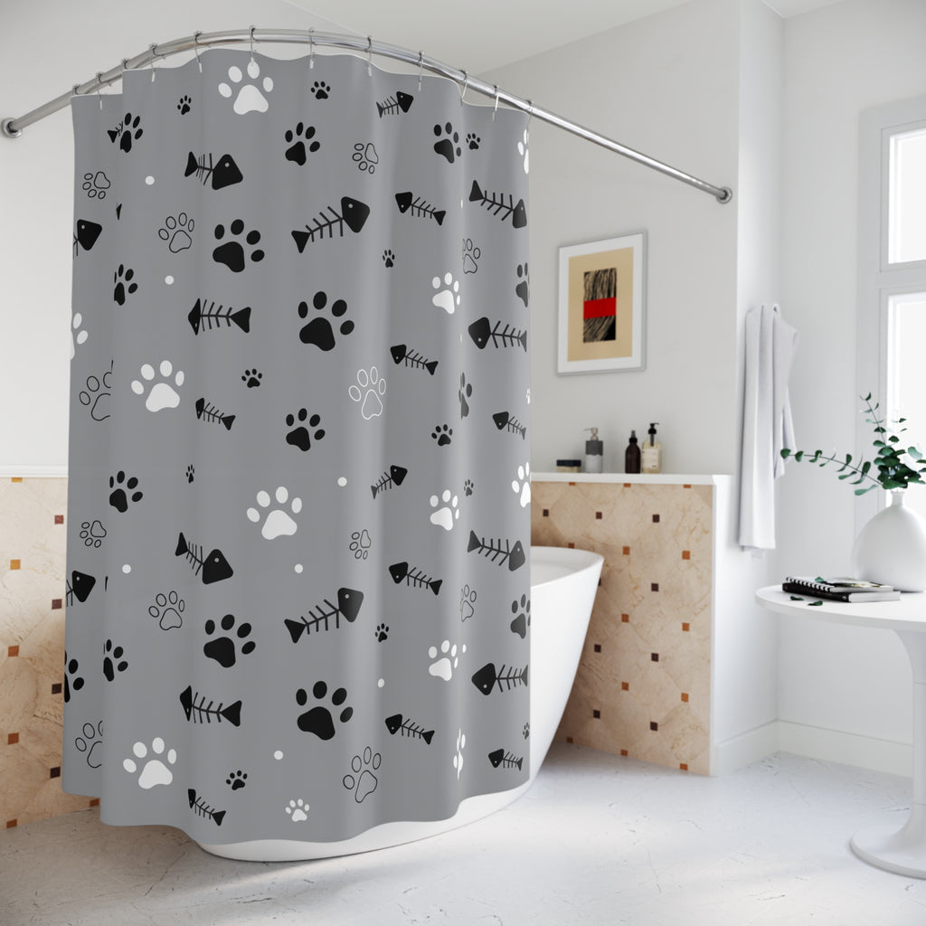 Paw Print & Fishbone Shower Curtain – Gray Cat & Dog
