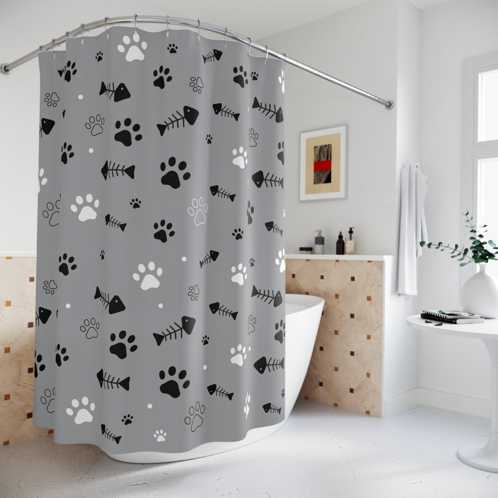 Paw Print & Fishbone Shower Curtain – Gray Cat & Dog